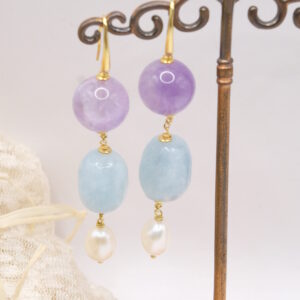 Orecchini Ametista Acquamarina Perle Pendenti Argento 925 Placcato Oro