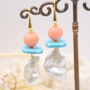 Orecchini Turchese Naturale Corallo Bamboo Rosa Perle Argento 925