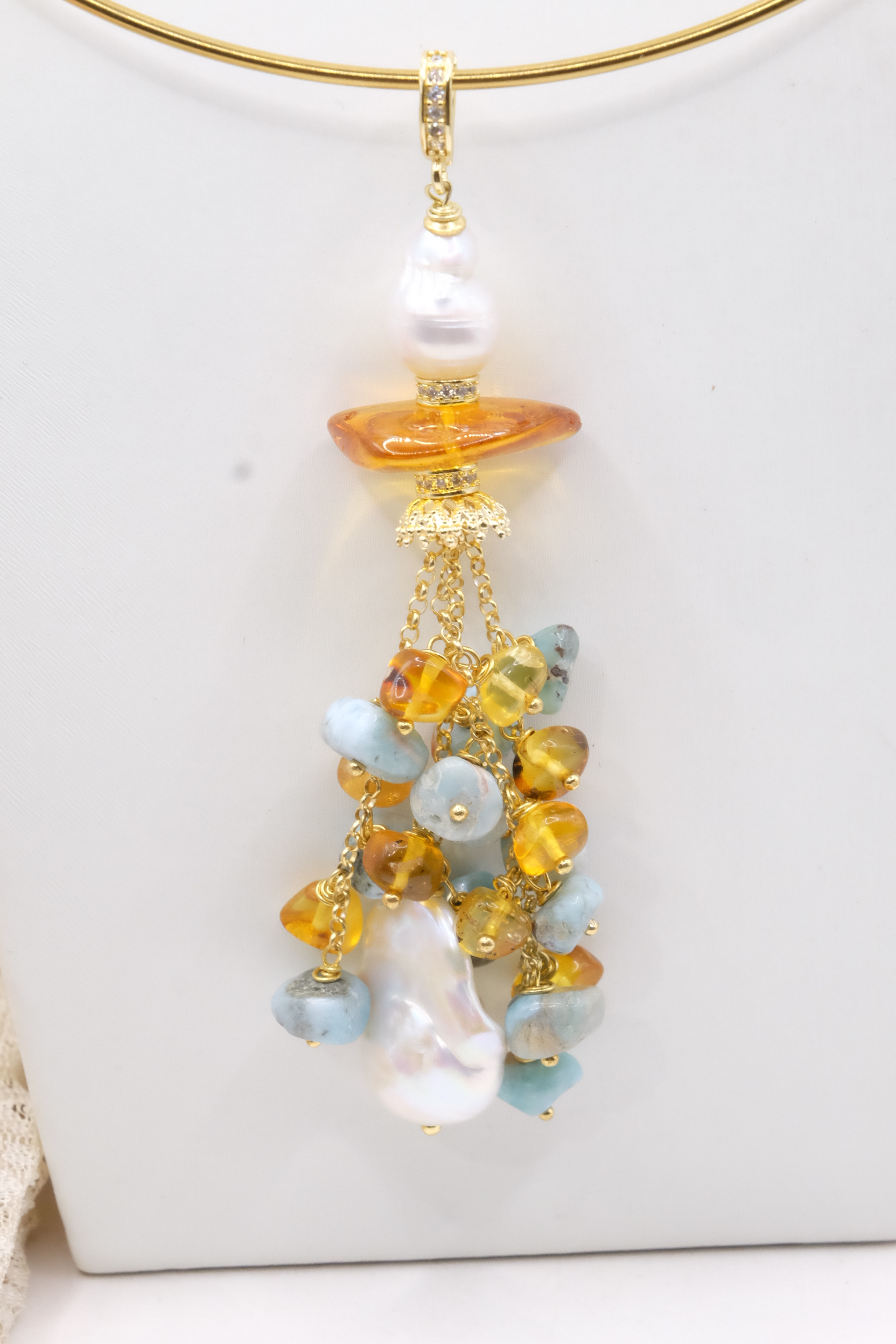 PENDENTE ARGENTO DORATO PERLE AMBRA LARIMAR MIELE (1)