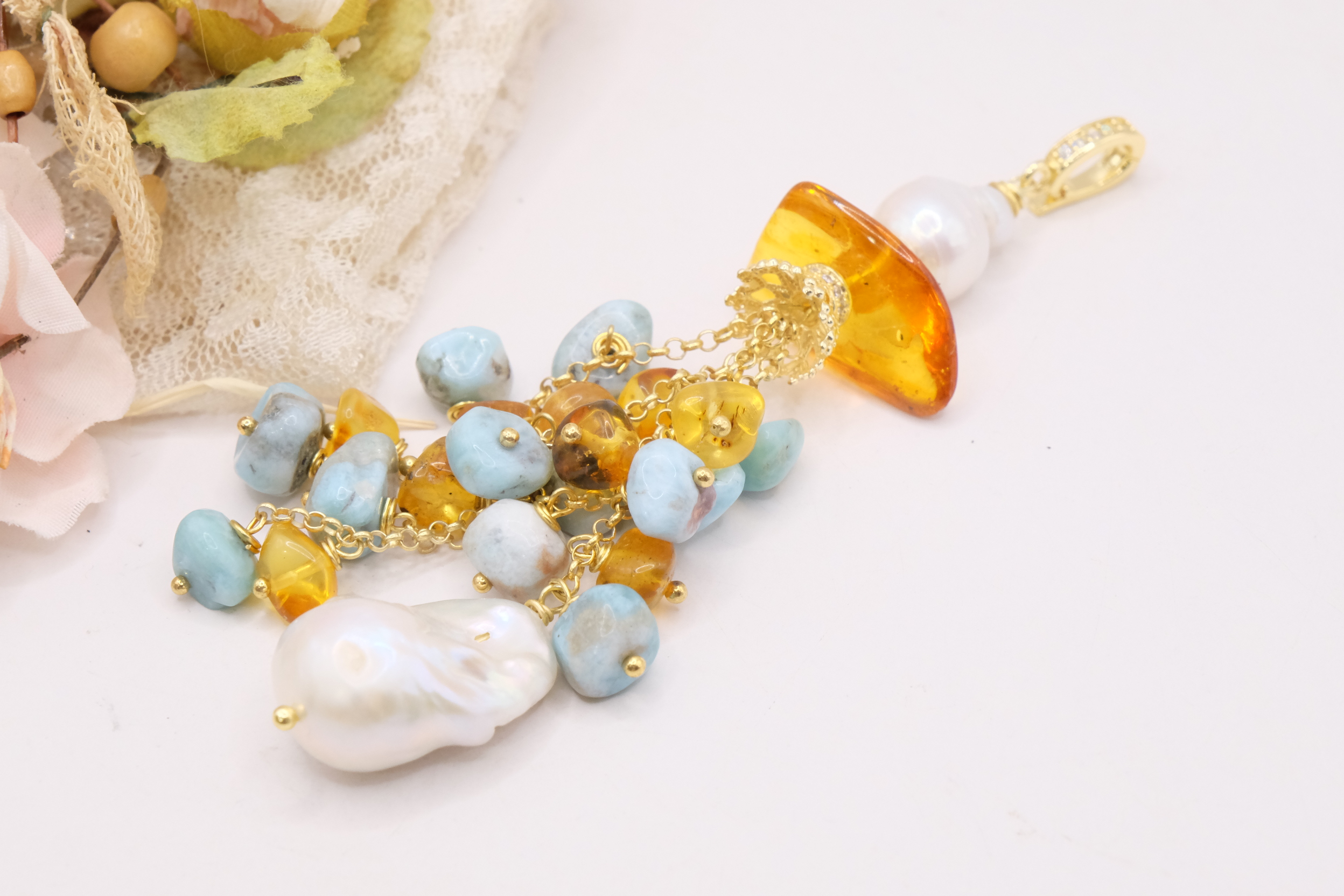 PENDENTE ARGENTO DORATO PERLE AMBRA LARIMAR MIELE (2)