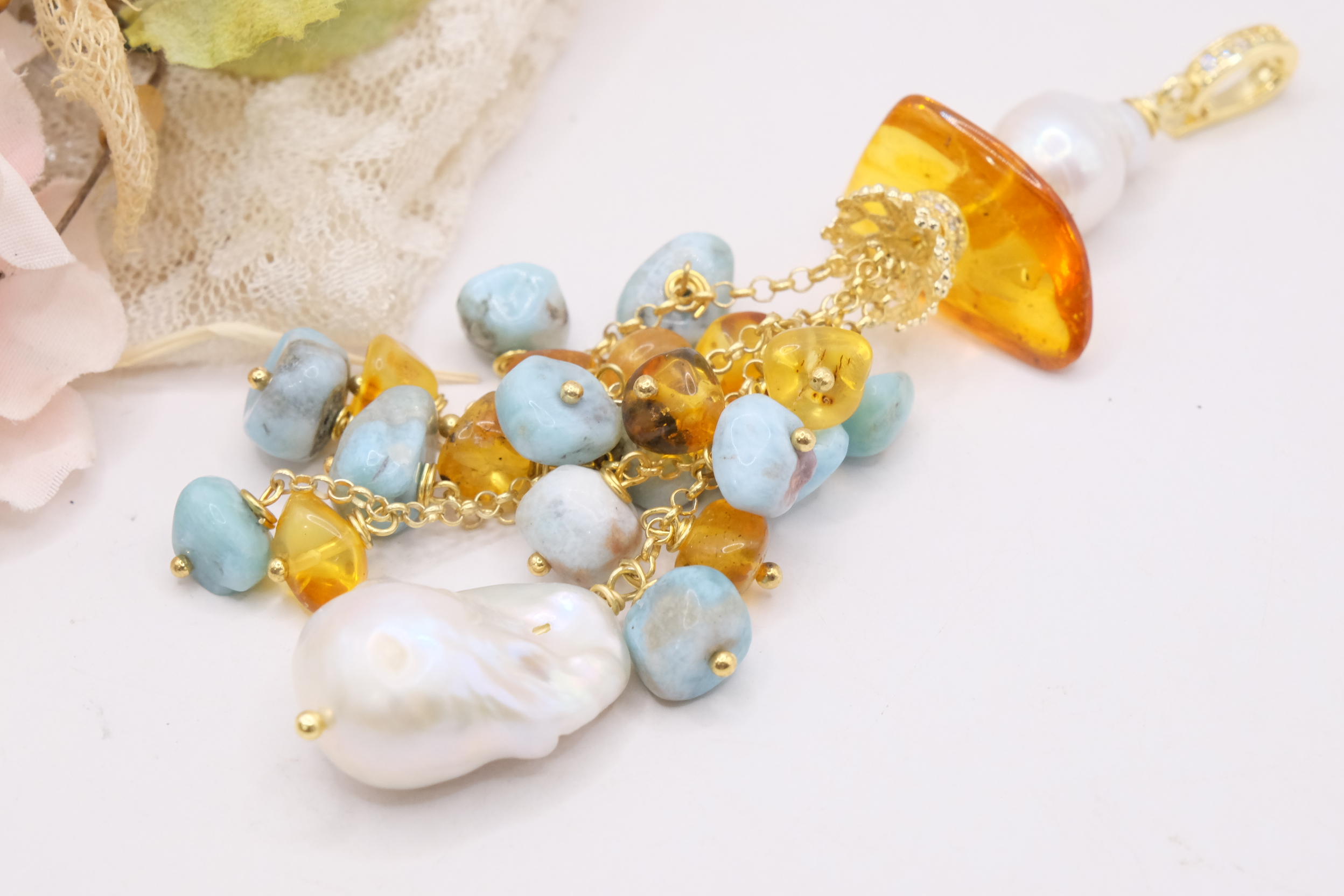 PENDENTE ARGENTO DORATO PERLE AMBRA LARIMAR MIELE (3)