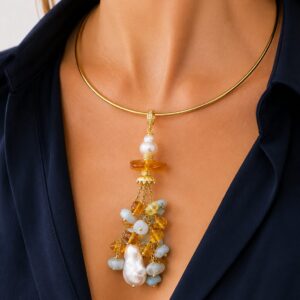 Pendente Staccabile Artigianale Larimar Ambra e Perle Naturali