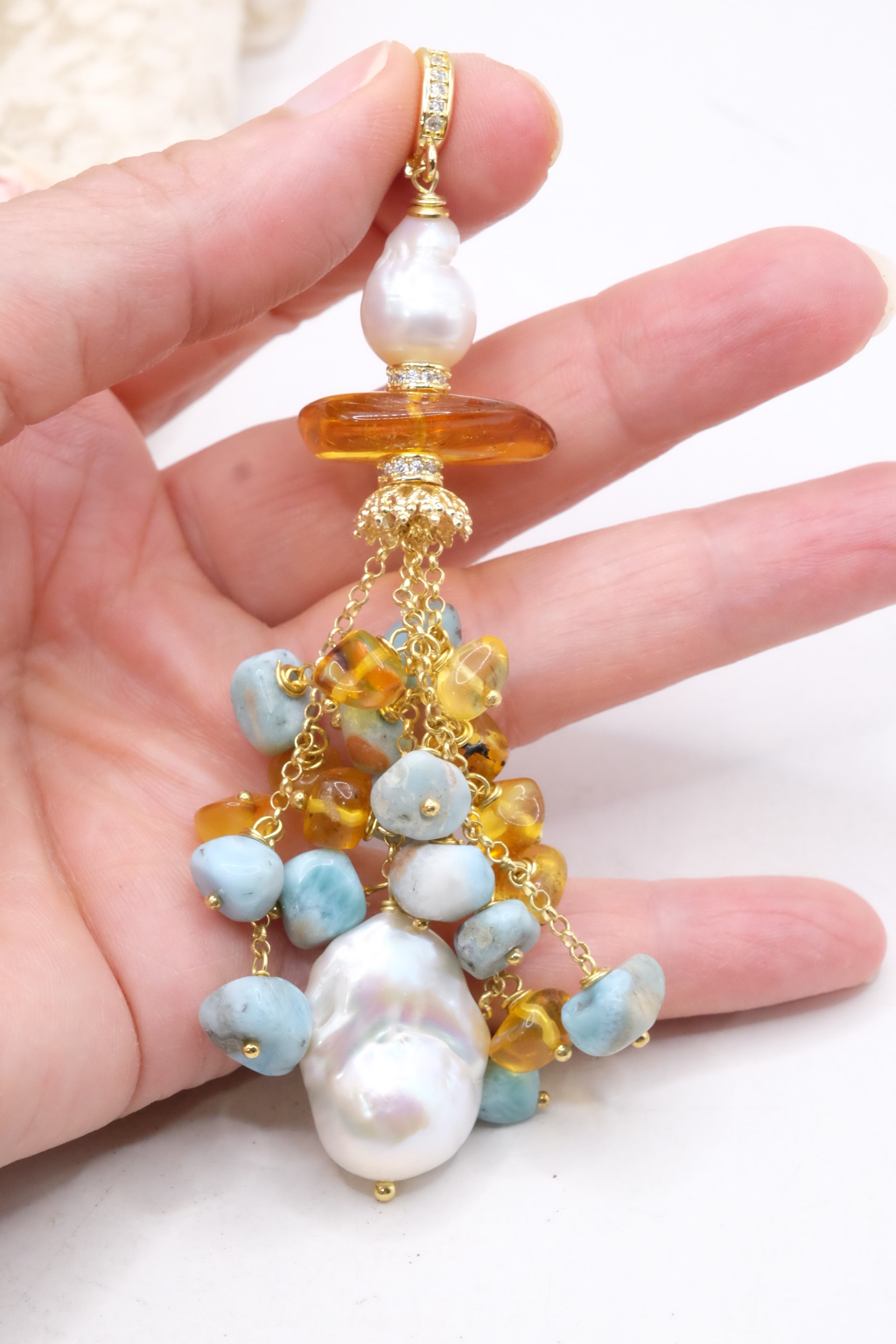 PENDENTE ARGENTO DORATO PERLE AMBRA LARIMAR MIELE (4)