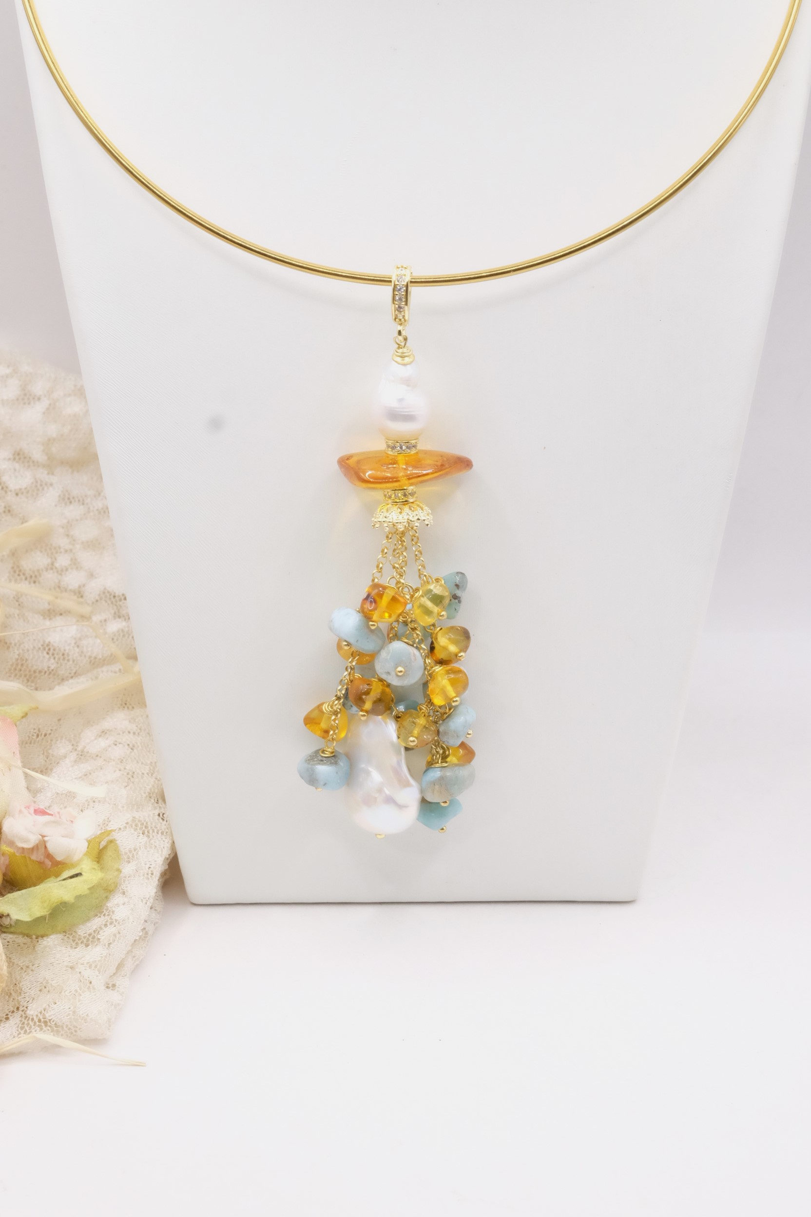 PENDENTE ARGENTO DORATO PERLE AMBRA LARIMAR MIELE (5)