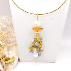Pendente Staccabile Artigianale Larimar Ambra e Perle Naturali