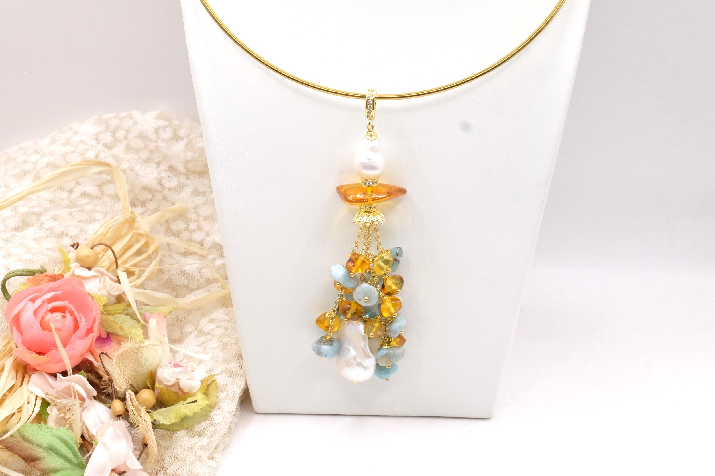 PENDENTE ARGENTO DORATO PERLE AMBRA LARIMAR MIELE (6)