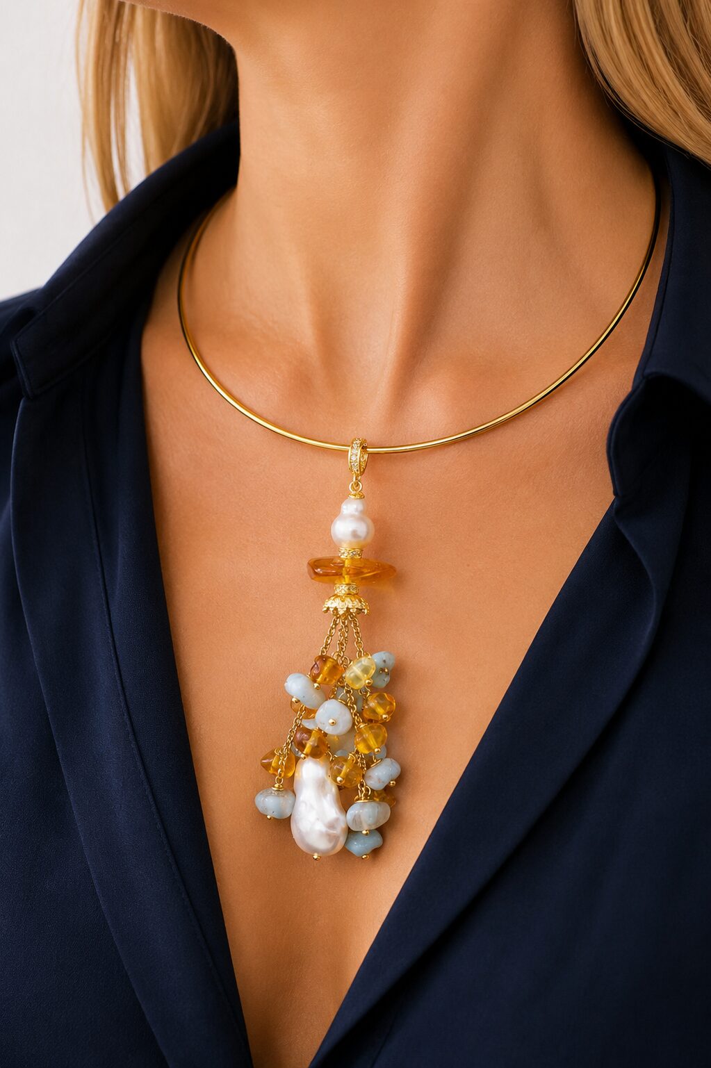 PENDENTE ARGENTO DORATO PERLE AMBRA LARIMAR MIELE