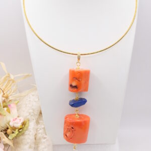 Pendente Artigianale Corallo Bamboo Grande Perle Lapis Turchese