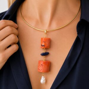 Pendente Artigianale Corallo Bamboo Grande Perle Lapis Turchese