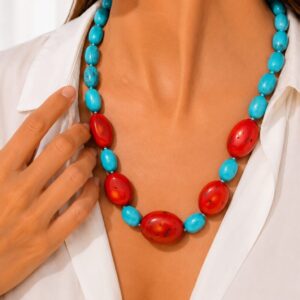 Collana Girocollo Turchese e Corallo Bamboo Ovali