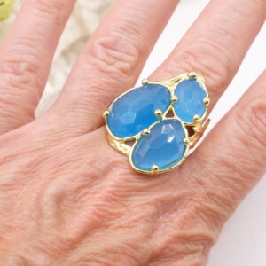 Anello Maxi 3 Pietre Cristallo di Rocca Azzurro Ottone