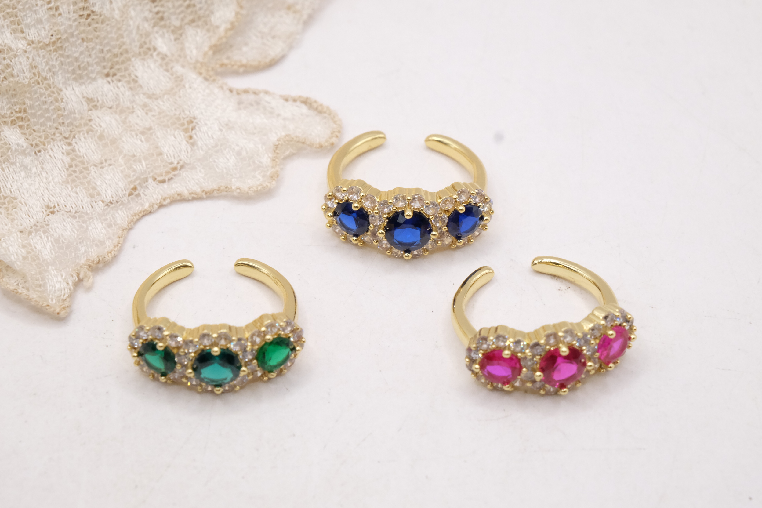 ANELLO TRILOGY OTTONE REGOLABILE ZAFFIRO RUBINO SMERALDO ZIRCONI (2)