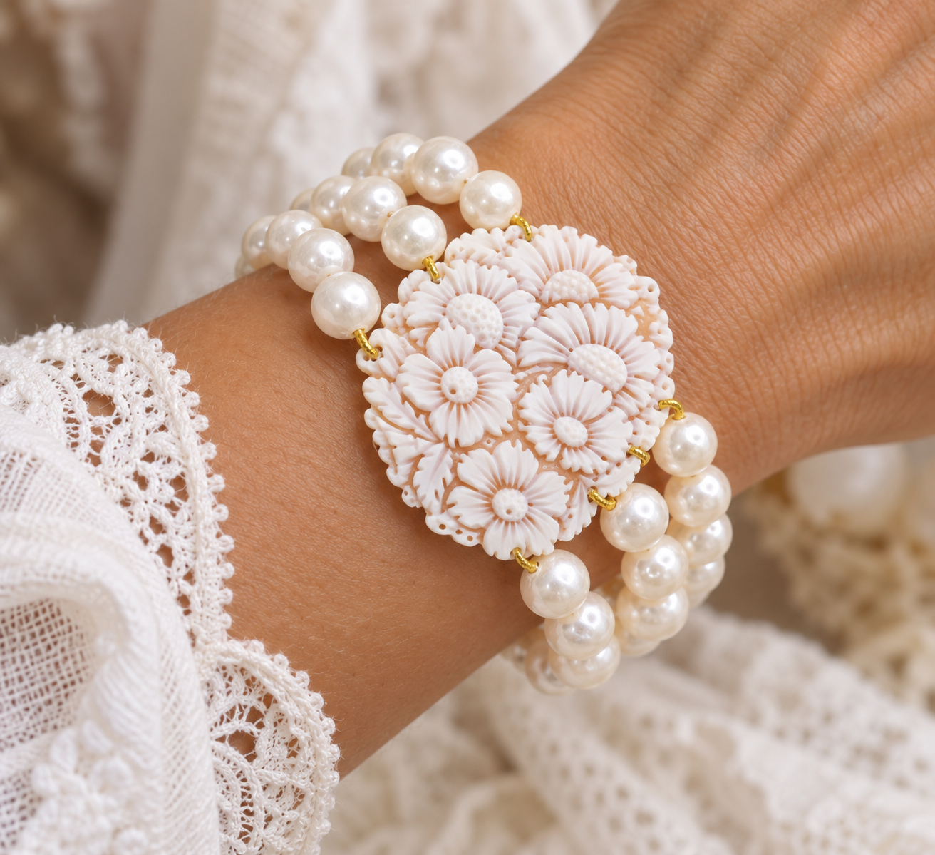 BRACCIALE ARTIGIANALE 3 FILI DI PERLE CAMMEO DI TORRE DEL GRECO