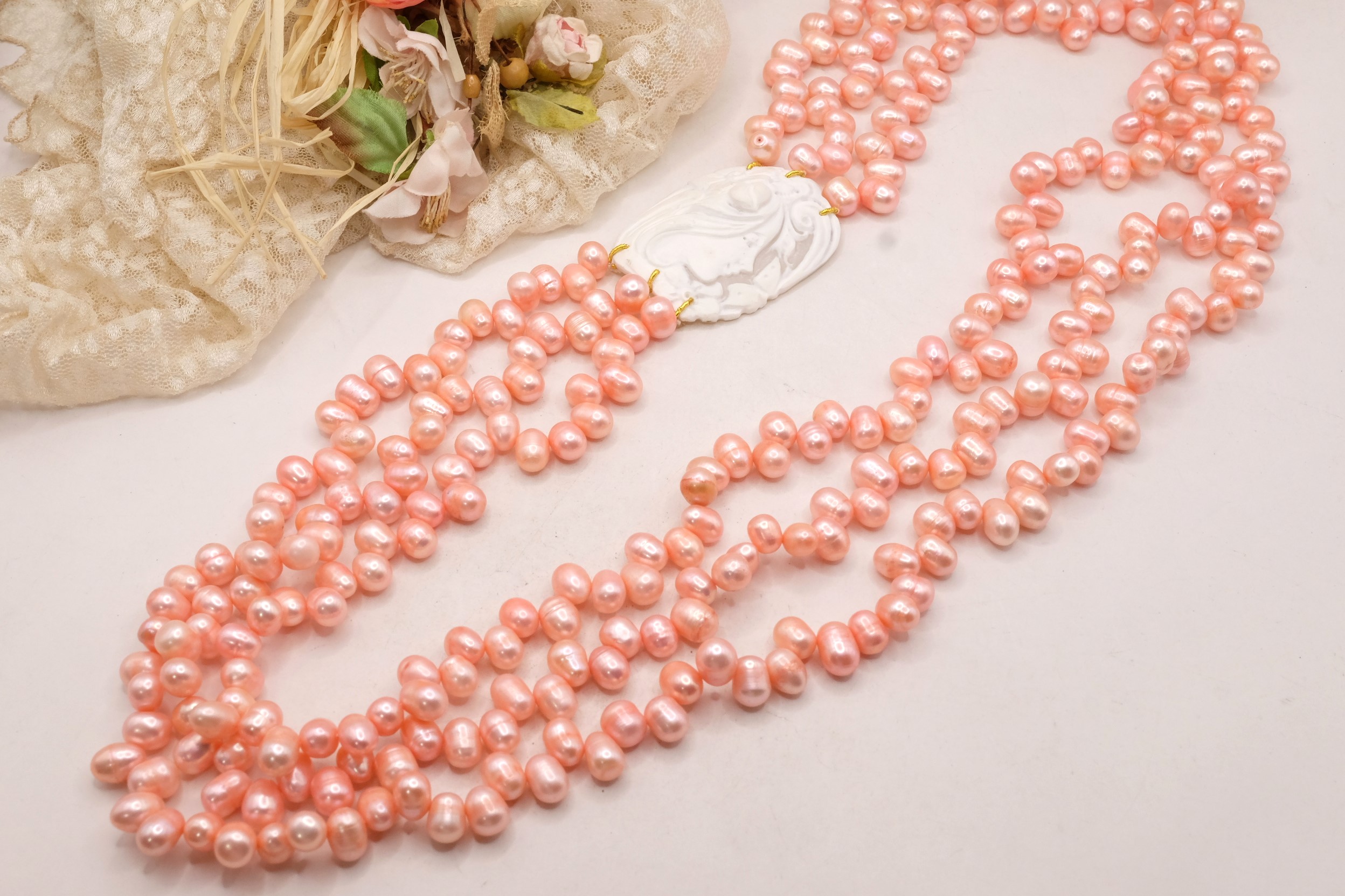 COLLANA 3 FILE DI PERLE ROSA CAMMEO DI TORRE DEL GRECO ARTIGIANALE FANTASIA (1)