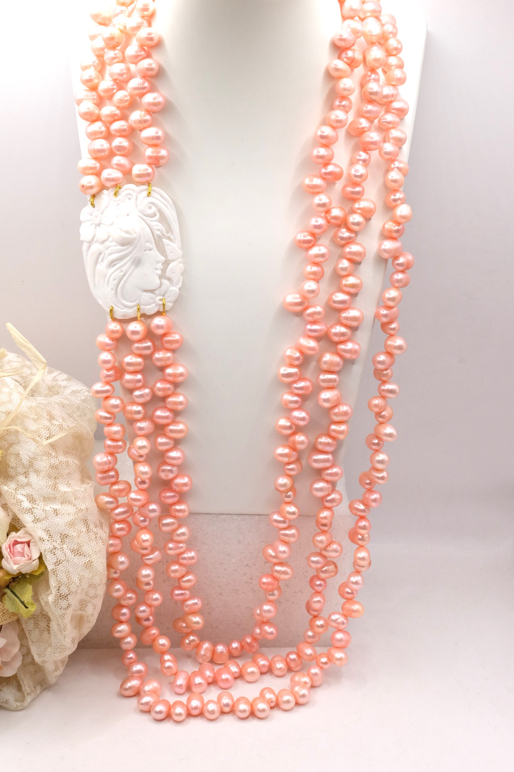 COLLANA 3 FILE DI PERLE ROSA CAMMEO DI TORRE DEL GRECO ARTIGIANALE FANTASIA (2)