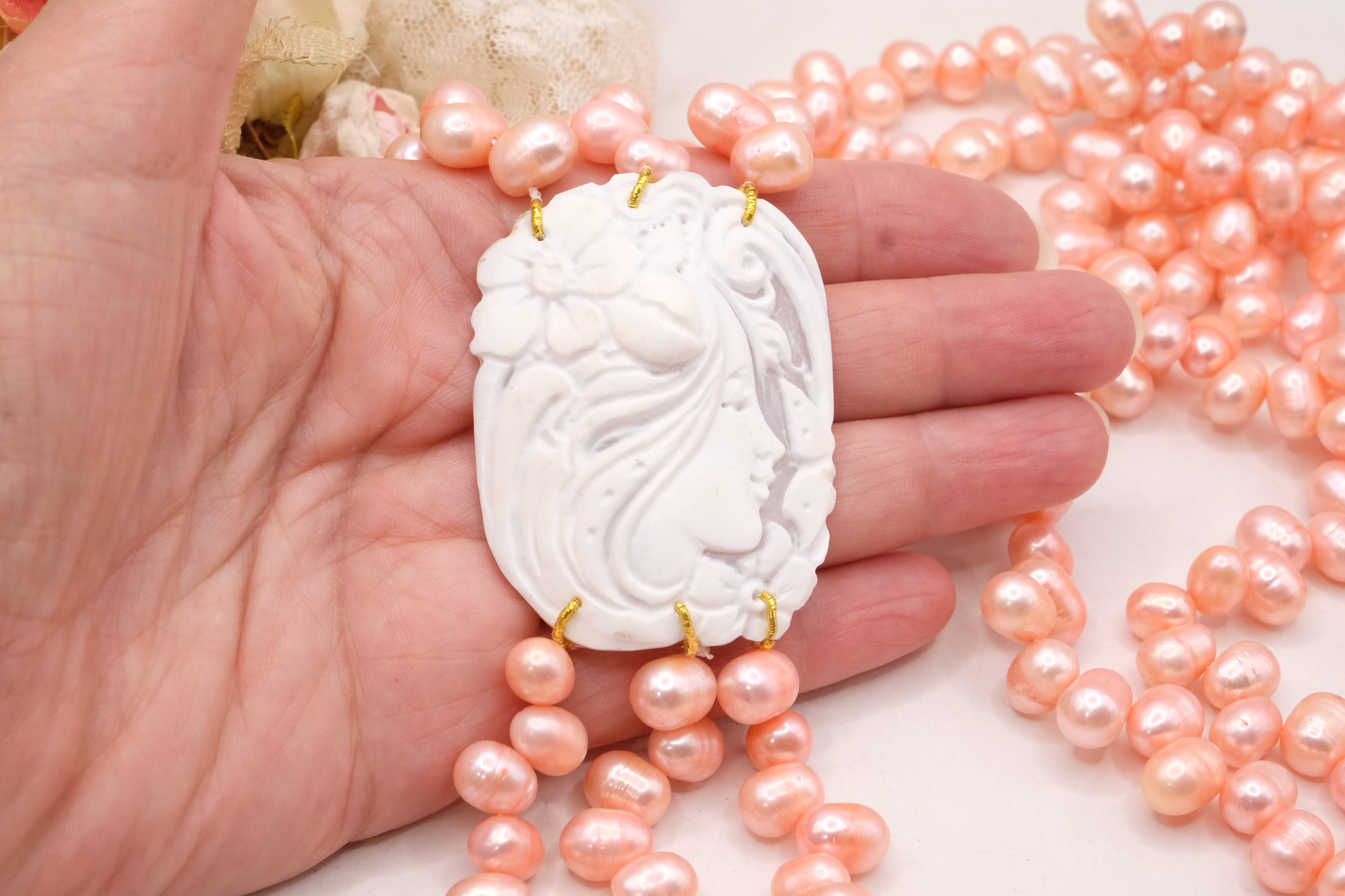 COLLANA 3 FILE DI PERLE ROSA CAMMEO DI TORRE DEL GRECO ARTIGIANALE FANTASIA (3)