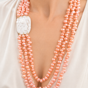 Collana Artigianale 3 Fili Perle rosa e Cammeo di Torre del Greco