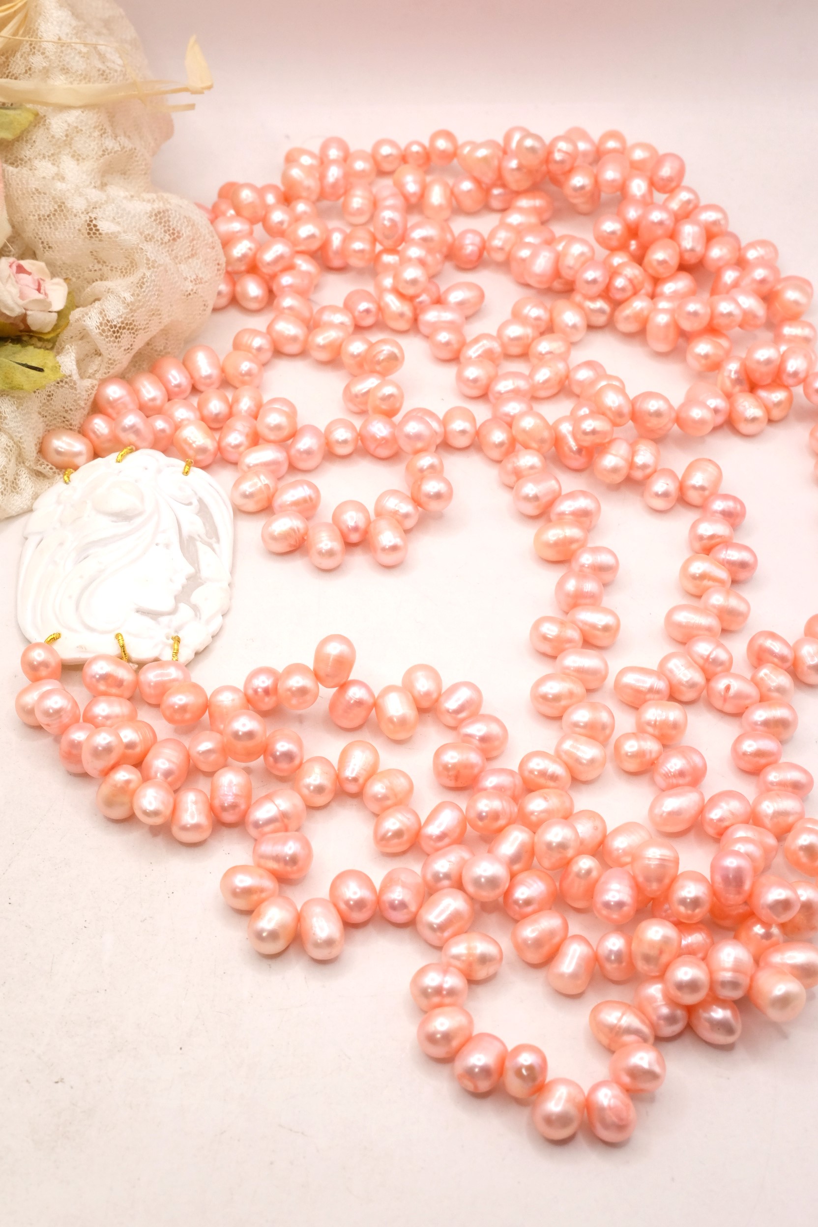 COLLANA 3 FILE DI PERLE ROSA CAMMEO DI TORRE DEL GRECO ARTIGIANALE FANTASIA (5)