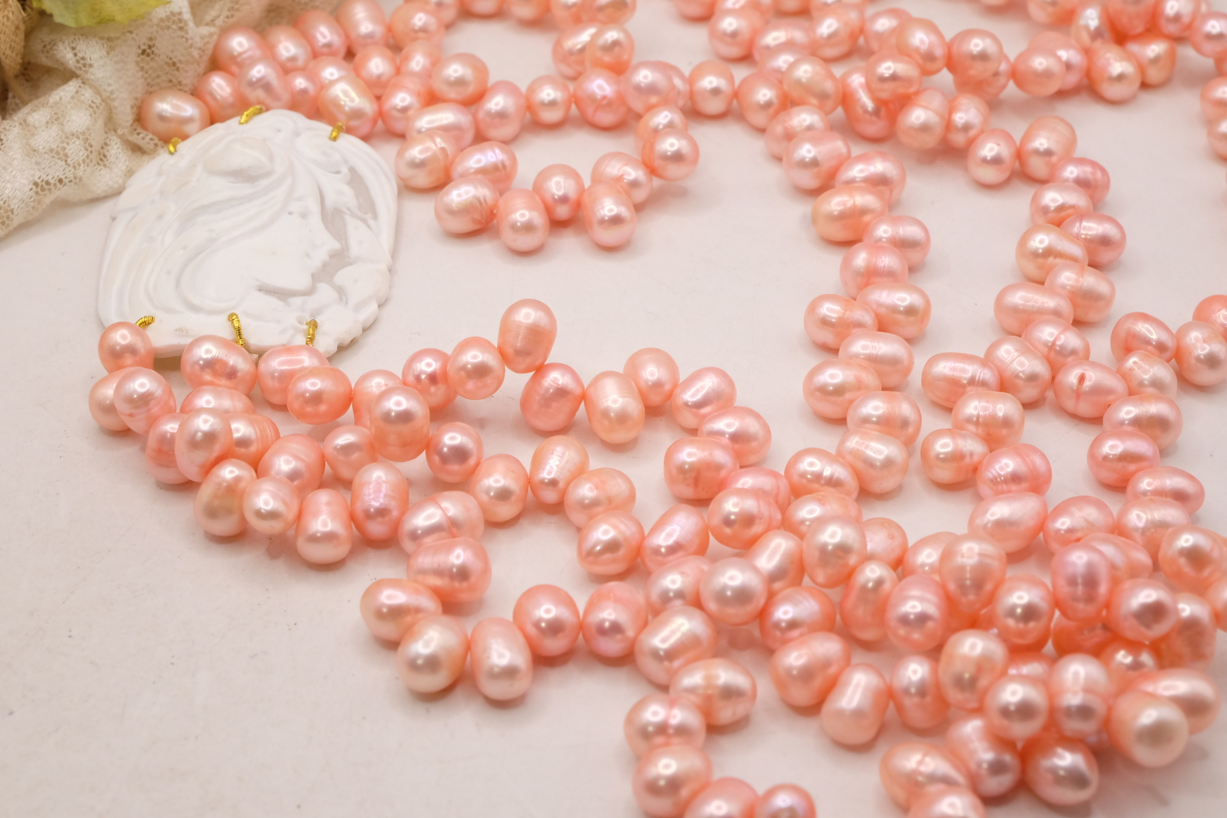 COLLANA 3 FILE DI PERLE ROSA CAMMEO DI TORRE DEL GRECO ARTIGIANALE FANTASIA (6)