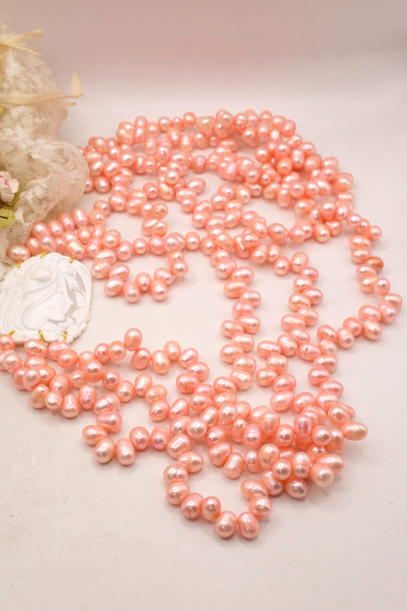 COLLANA 3 FILE DI PERLE ROSA CAMMEO DI TORRE DEL GRECO ARTIGIANALE FANTASIA (8)
