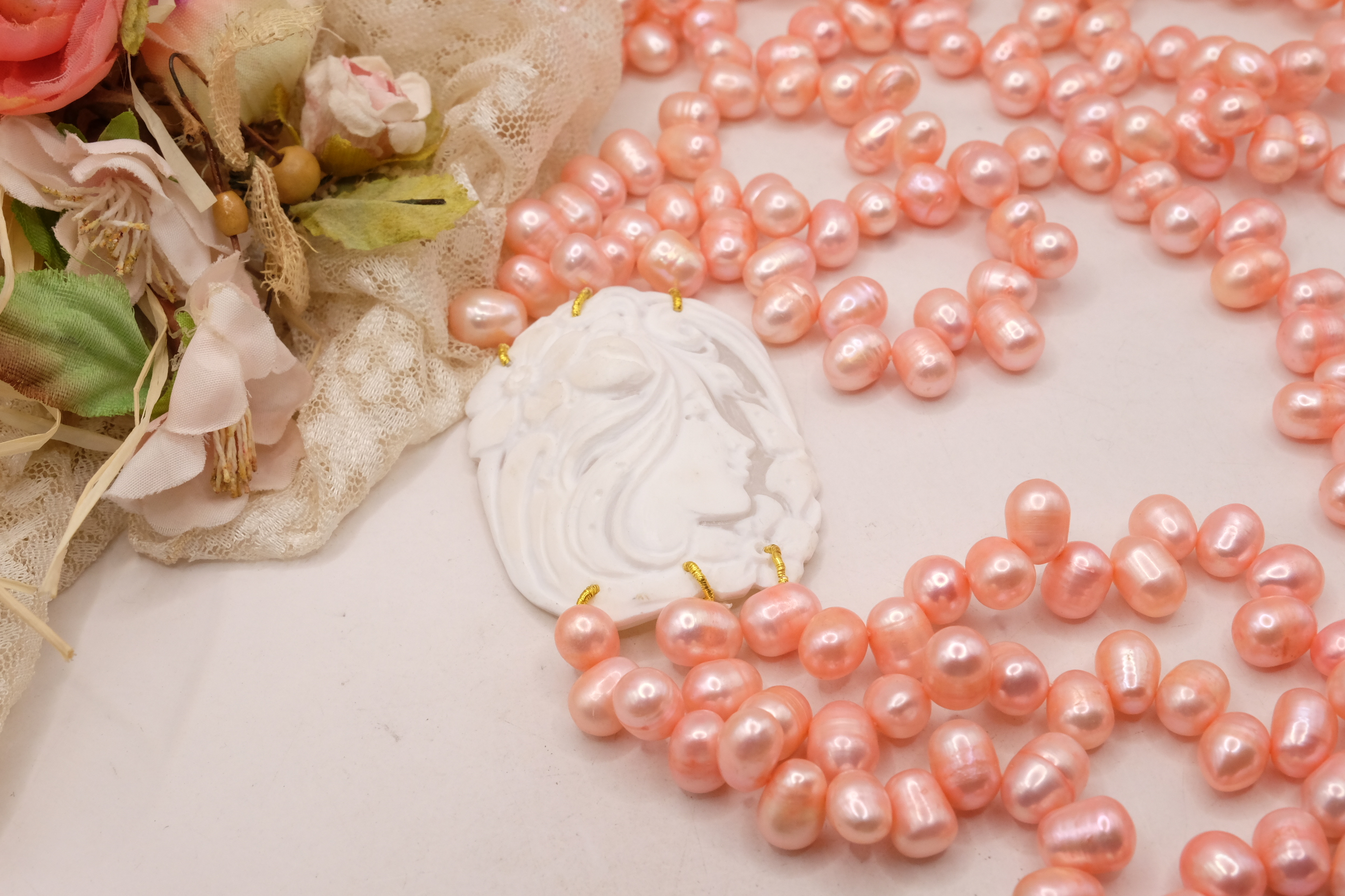 COLLANA 3 FILE DI PERLE ROSA CAMMEO DI TORRE DEL GRECO ARTIGIANALE FANTASIA (9)