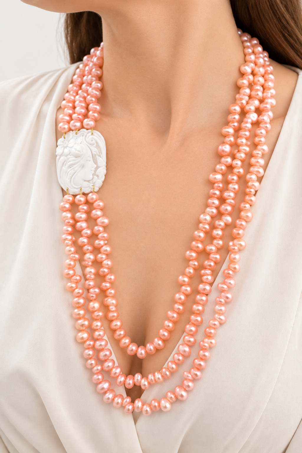 COLLANA 3 FILE DI PERLE ROSA CAMMEO DI TORRE DEL GRECO ARTIGIANALE FANTASIA