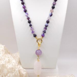 Collana Agata Ametistata Pendente Quarzo Rosa Ametista Quarzo Ruby Fluorite