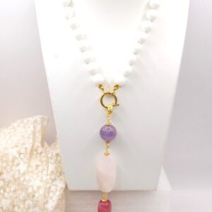 Collana Agata Bianca Pendente Quarzo Rosa Ametista Quarzo Ruby Perla