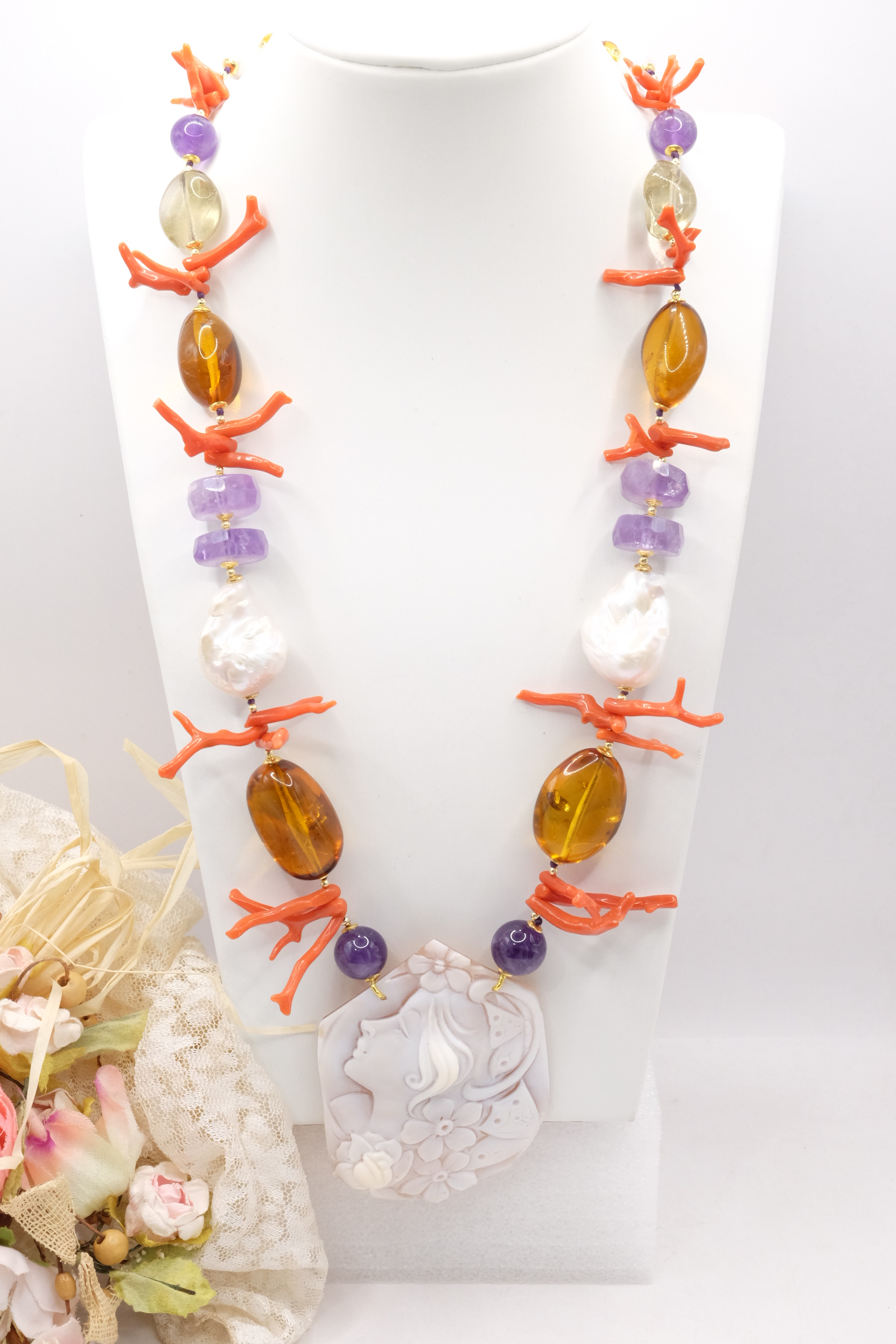 COLLANA AMETISTA AMBRA DEL BALTICO CORALLO DEL MEDITERRANEO PERLE CAMMEO DI TORRE DEL GRECO ARTIGIANALE (2)