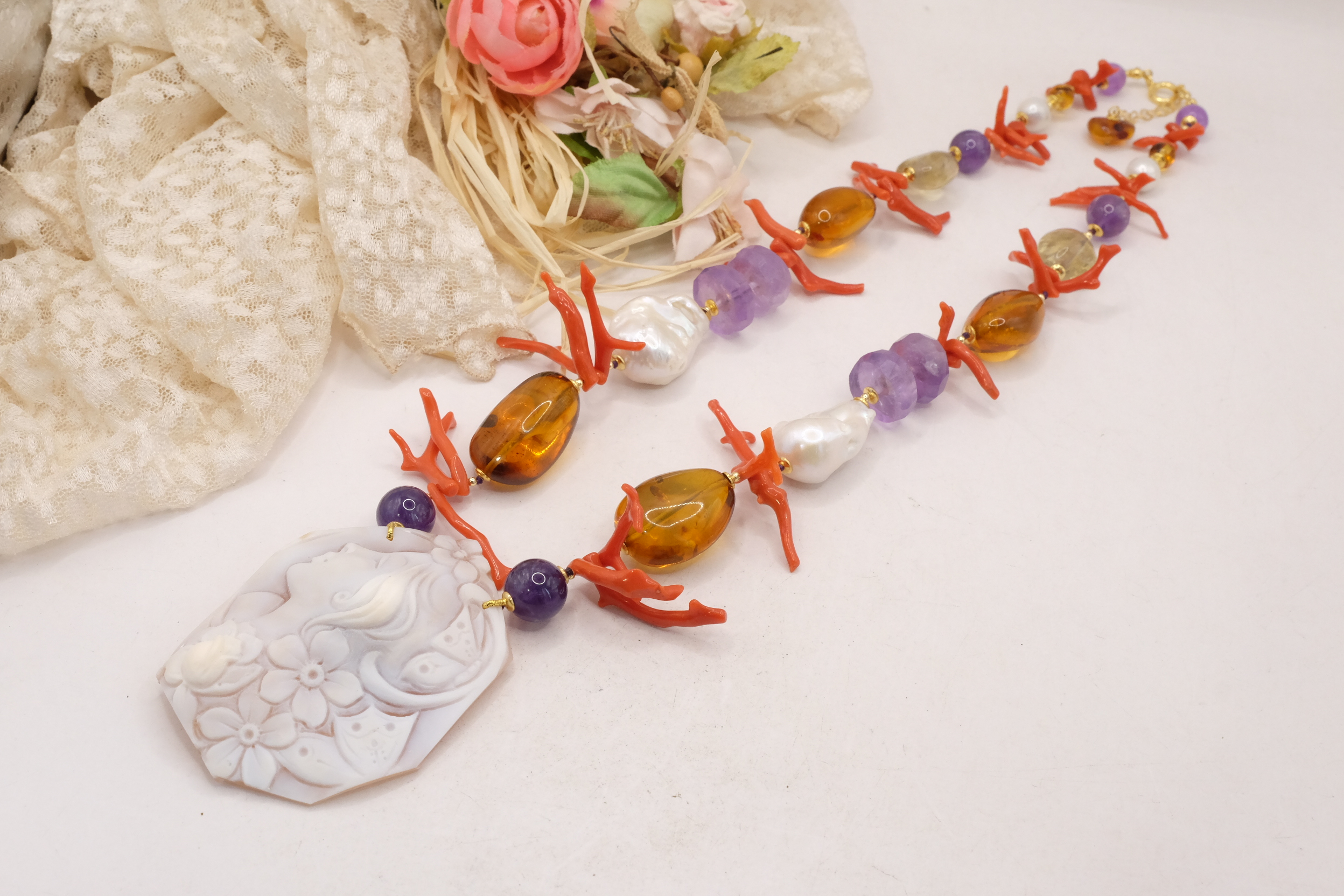 COLLANA AMETISTA AMBRA DEL BALTICO CORALLO DEL MEDITERRANEO PERLE CAMMEO DI TORRE DEL GRECO ARTIGIANALE (3)