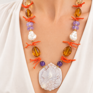 Collana Preziosa Cammeo Ametista Ambra Perle Corallo Mediterraneo