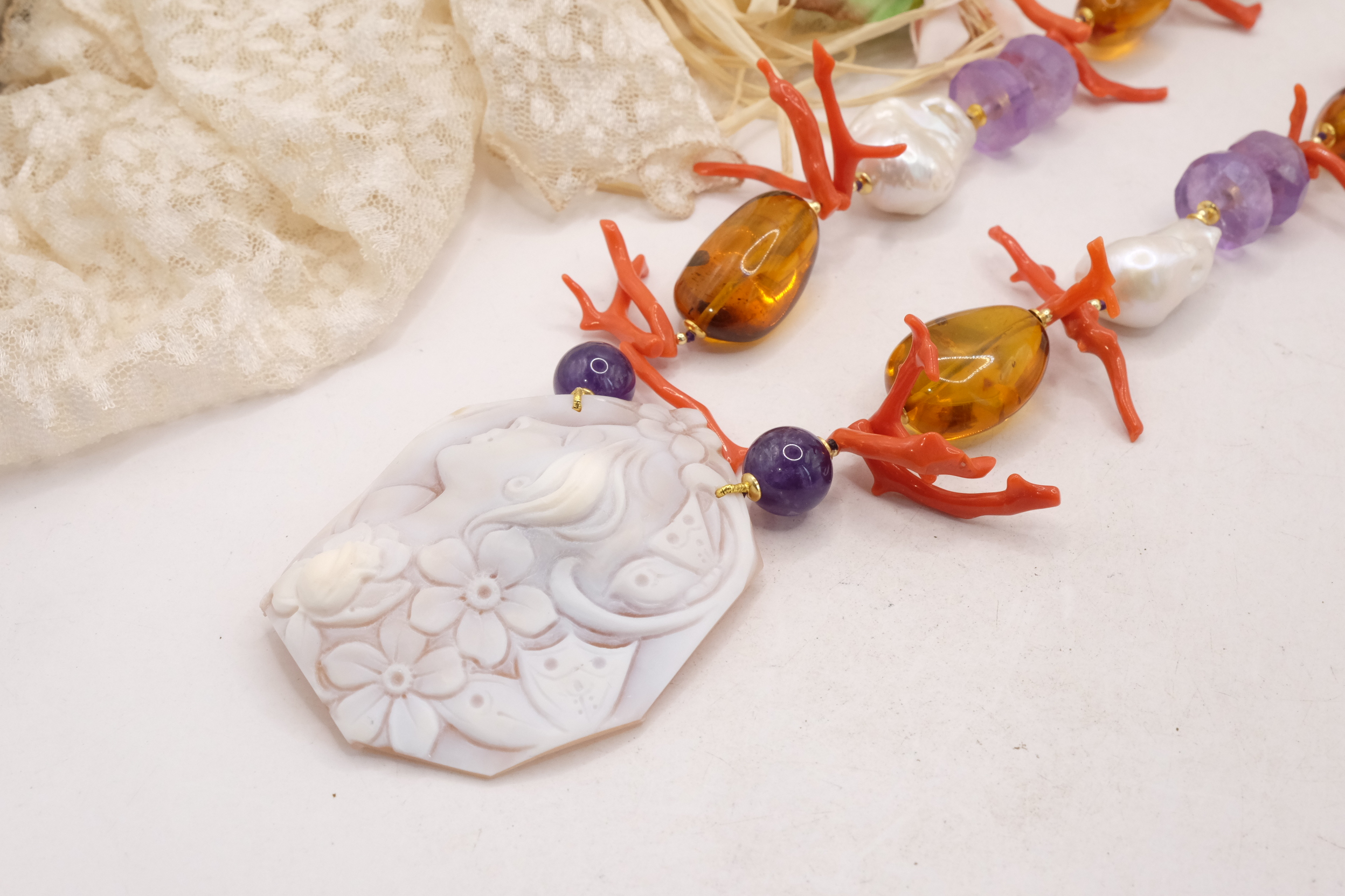 COLLANA AMETISTA AMBRA DEL BALTICO CORALLO DEL MEDITERRANEO PERLE CAMMEO DI TORRE DEL GRECO ARTIGIANALE (4)