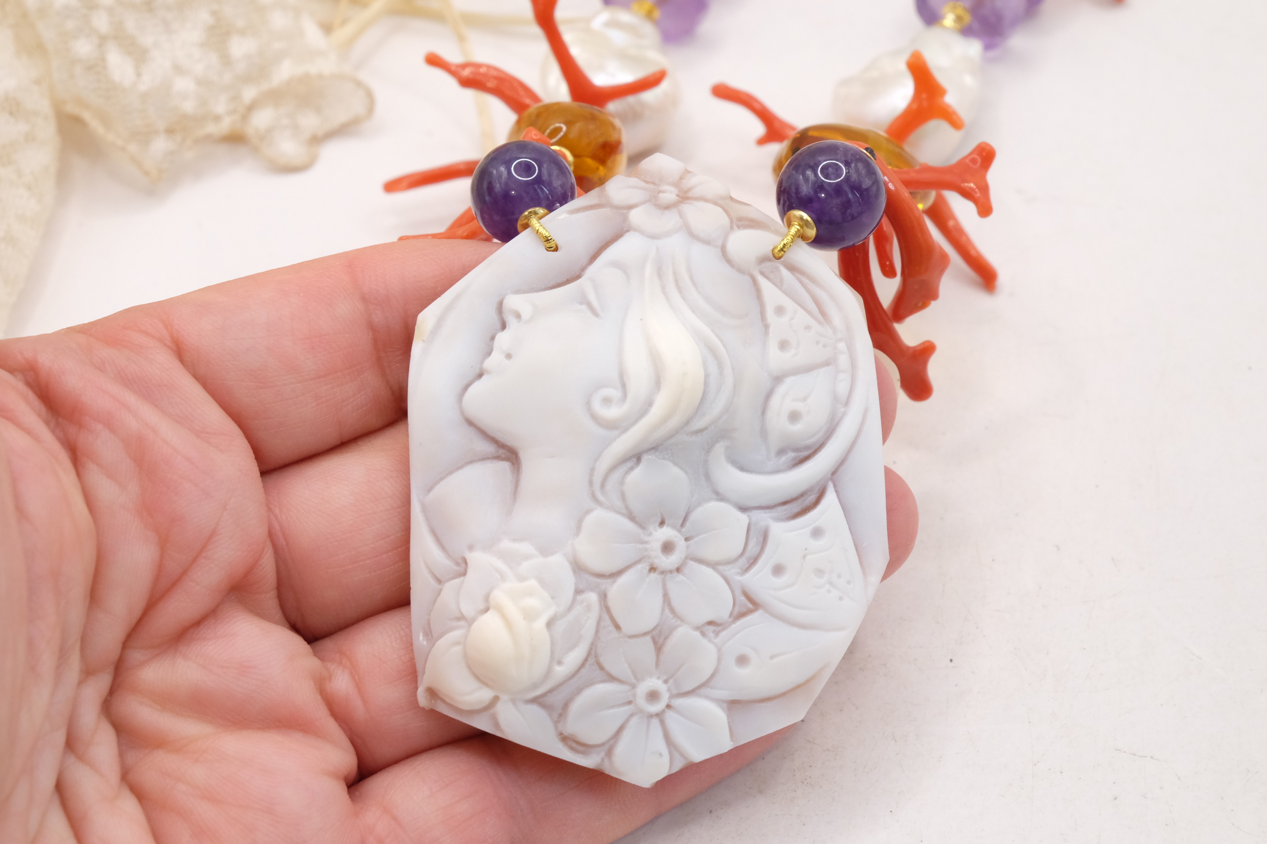 COLLANA AMETISTA AMBRA DEL BALTICO CORALLO DEL MEDITERRANEO PERLE CAMMEO DI TORRE DEL GRECO ARTIGIANALE (6)