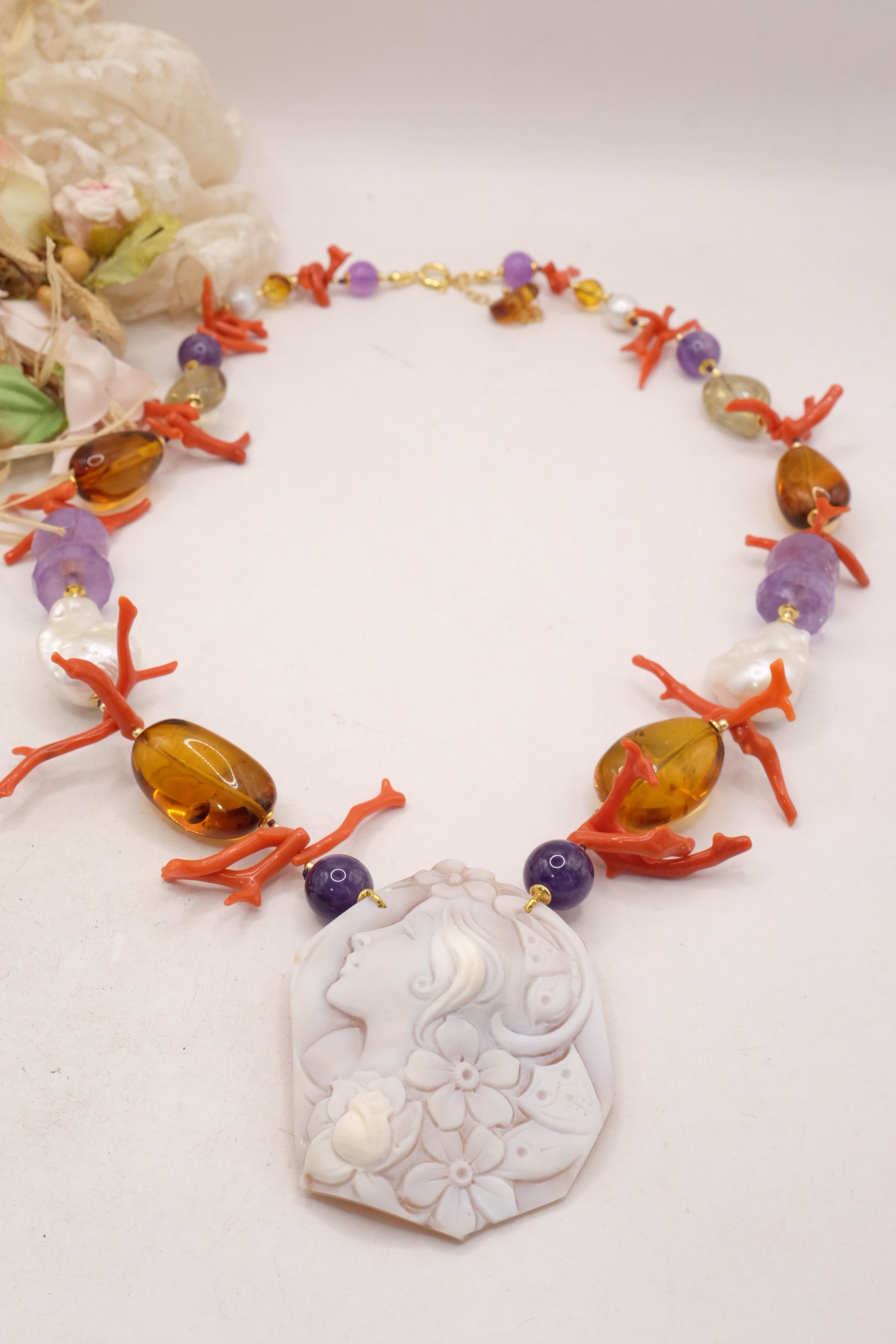 COLLANA-AMETISTA-AMBRA-DEL-BALTICO-CORALLO-DEL-MEDITERRANEO-PERLE-CAMMEO-DI-TORRE-DEL-GRECO-ARTIGIANALE