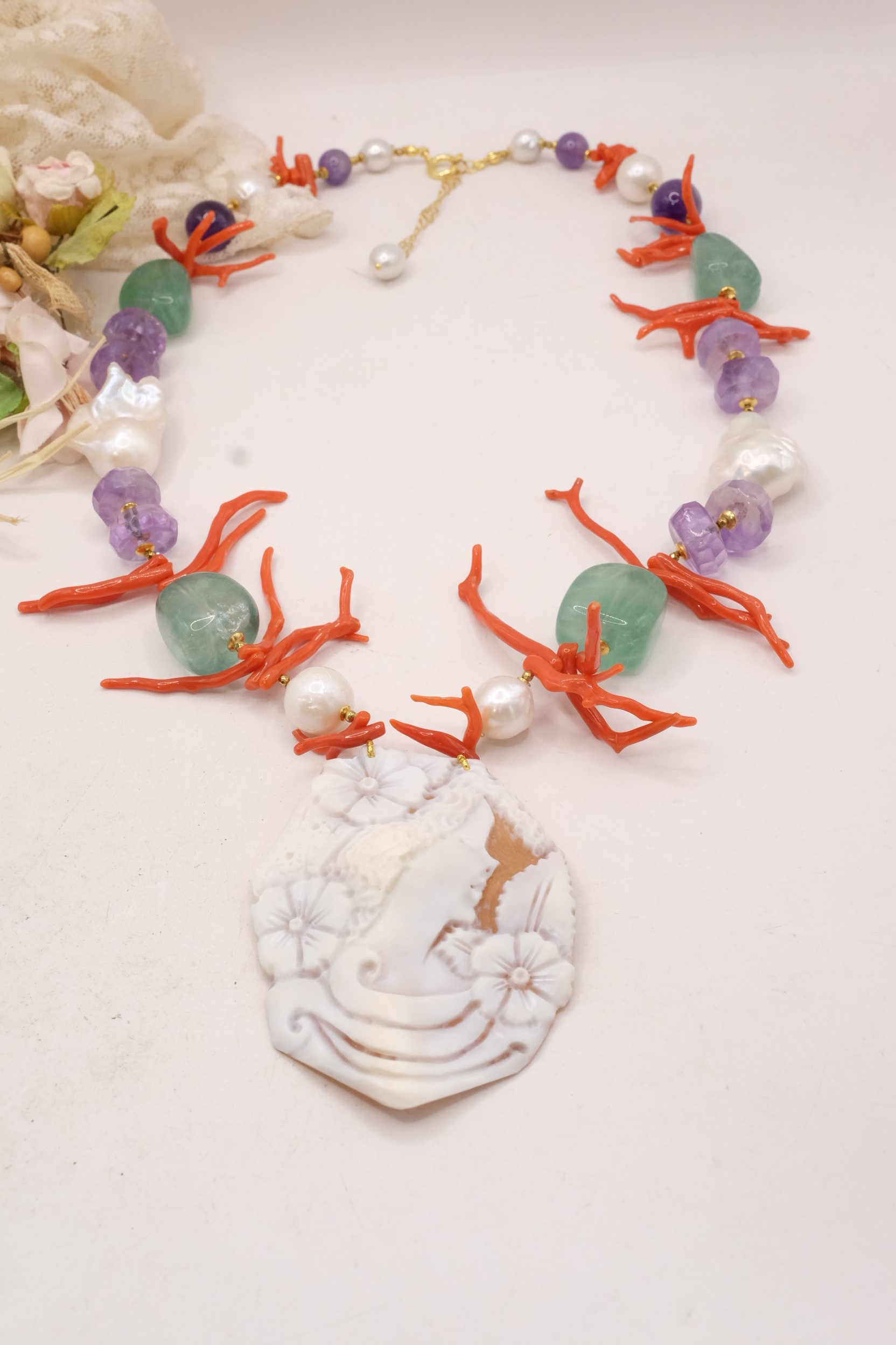 COLLANA AMETISTA FLUORITE CORALLO DEL MEDITERRANEO PERLE CAMMEO DI TORRE DEL GRECO ARTIGIANALE (1)