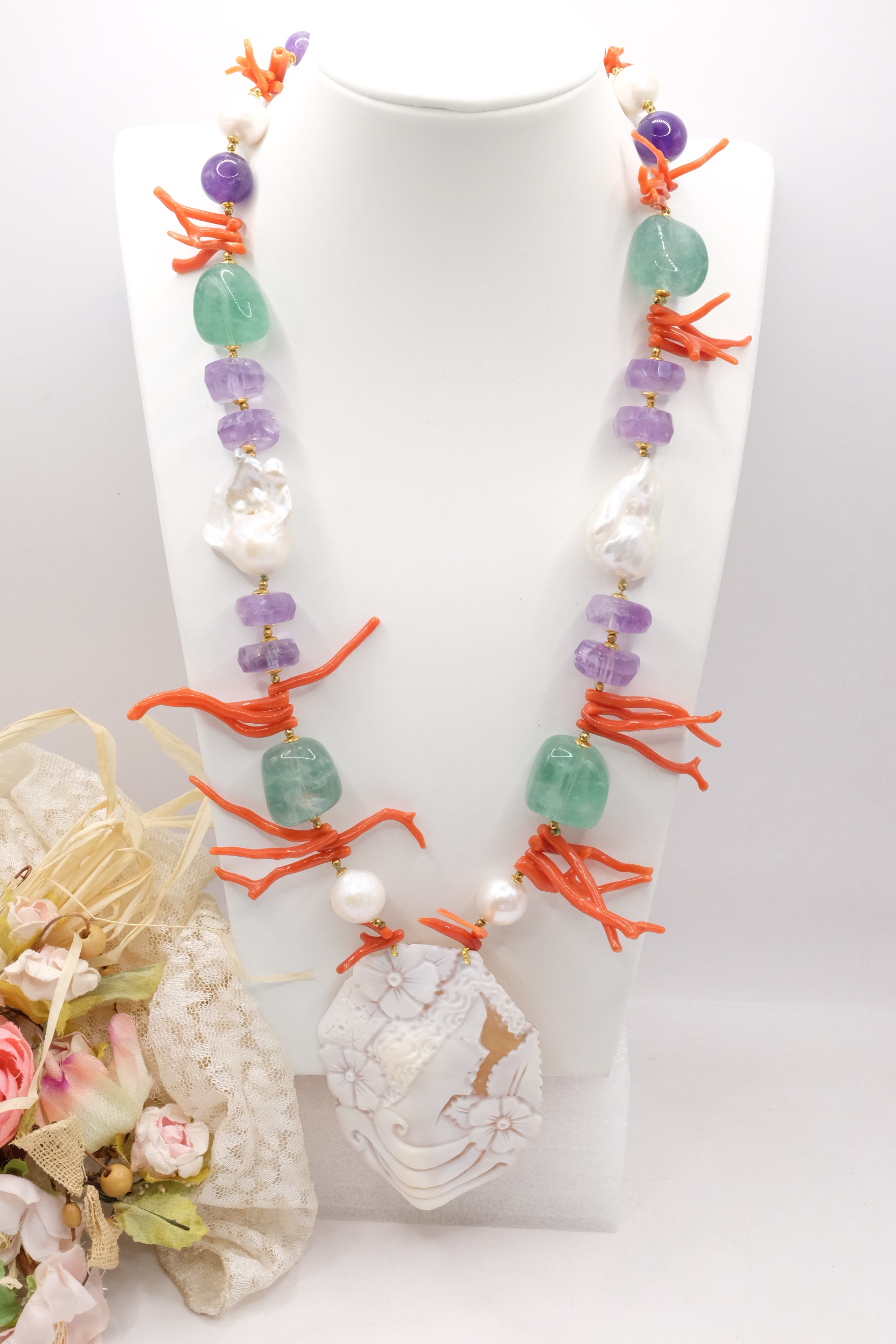 COLLANA AMETISTA FLUORITE CORALLO DEL MEDITERRANEO PERLE CAMMEO DI TORRE DEL GRECO ARTIGIANALE (2)
