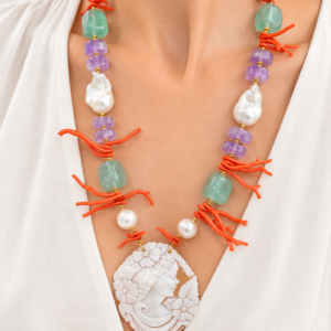 Collana Preziosa Cammeo Ametista Fluorite Perle Corallo Mediterraneo