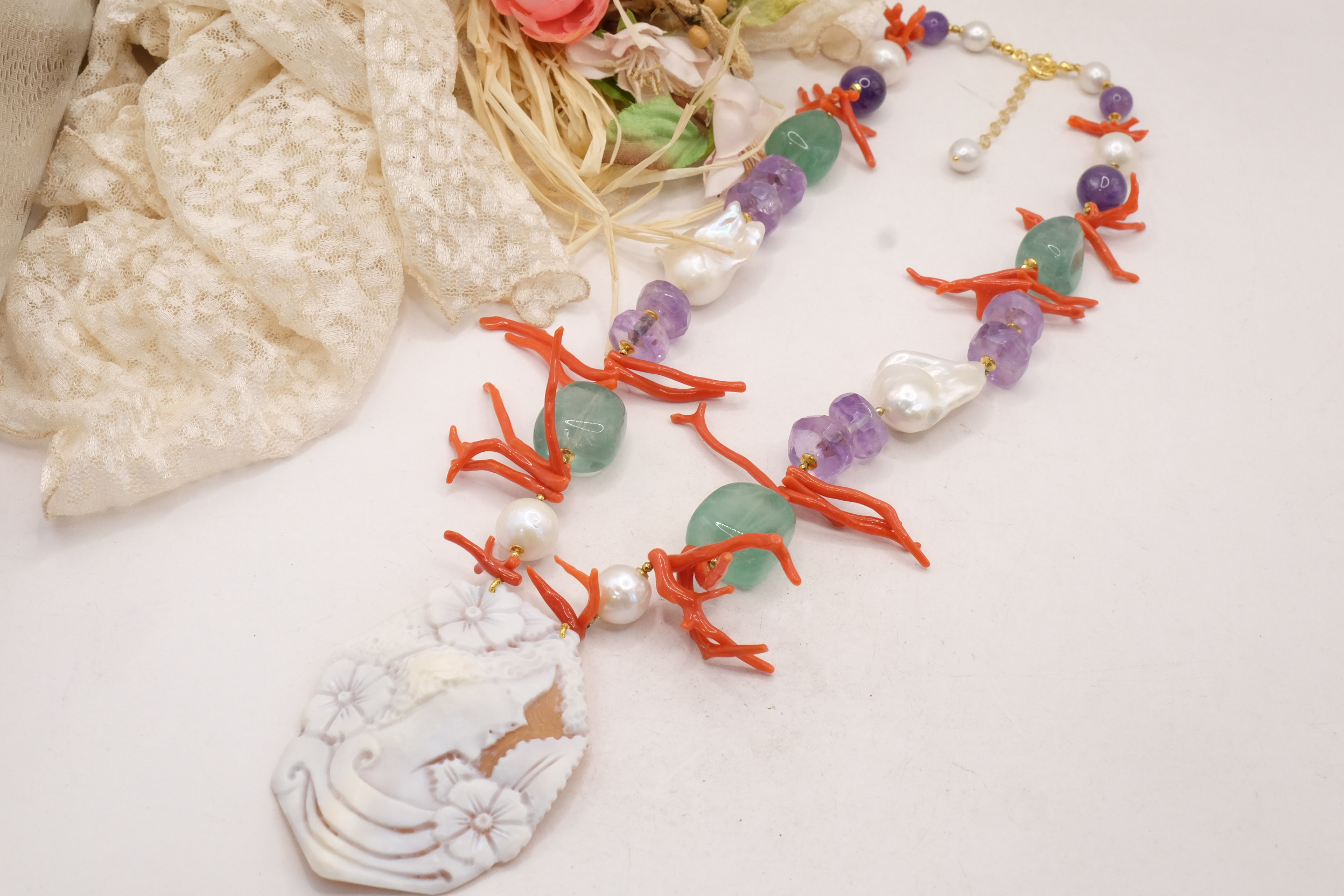 COLLANA AMETISTA FLUORITE CORALLO DEL MEDITERRANEO PERLE CAMMEO DI TORRE DEL GRECO ARTIGIANALE (4)