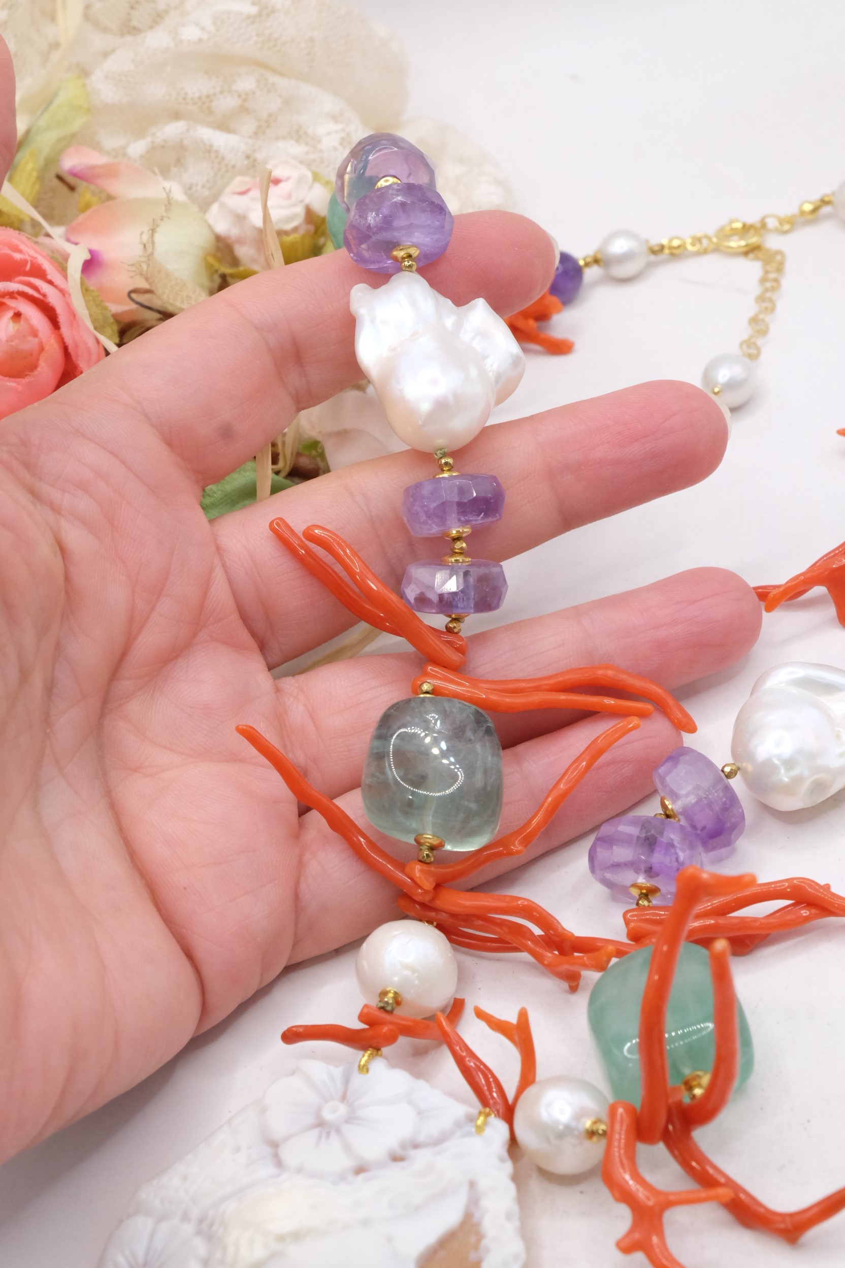 COLLANA AMETISTA FLUORITE CORALLO DEL MEDITERRANEO PERLE CAMMEO DI TORRE DEL GRECO ARTIGIANALE (7)