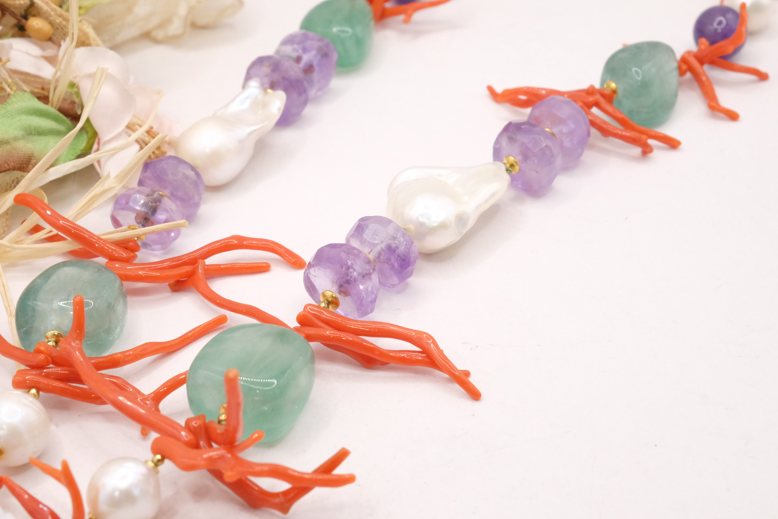 COLLANA AMETISTA FLUORITE CORALLO DEL MEDITERRANEO PERLE CAMMEO DI TORRE DEL GRECO ARTIGIANALE (8)