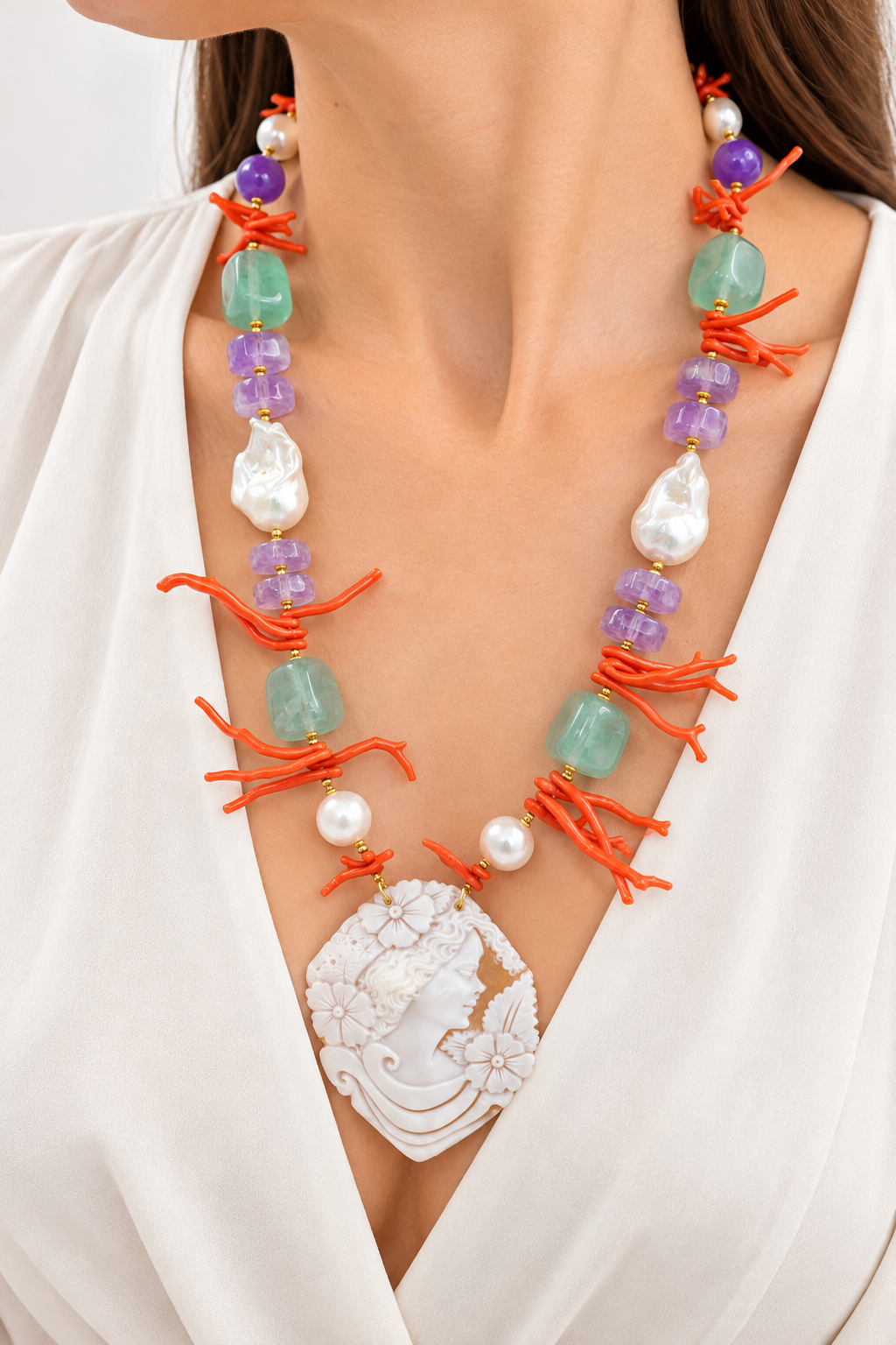 COLLANA AMETISTA FLUORITE CORALLO DEL MEDITERRANEO PERLE CAMMEO DI TORRE DEL GRECO ARTIGIANALE