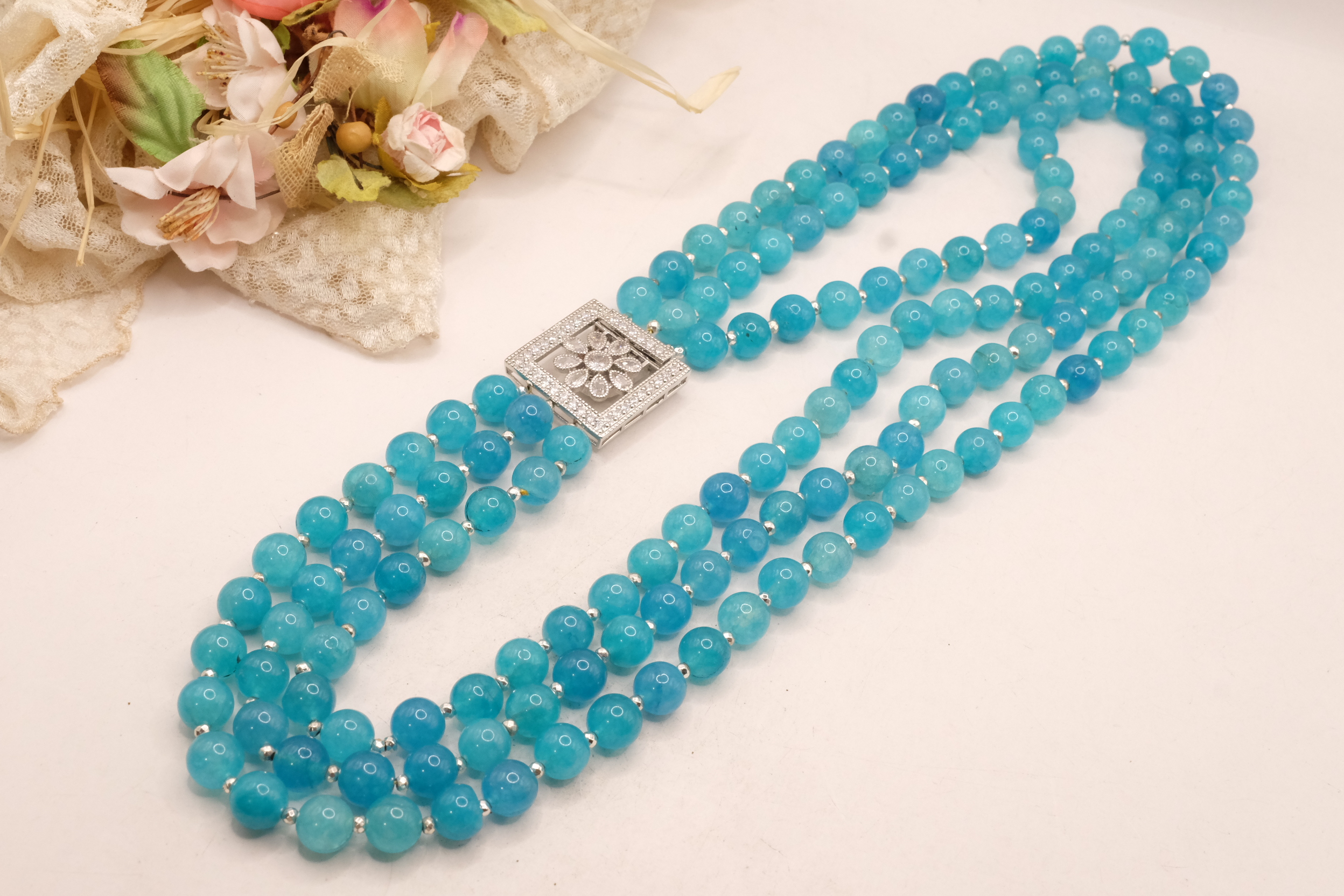 COLLANA APATITE MULTIFILO 3 FILI CHIUSURA ZIRCONATA ZIRCONI ACCIAIO (2)