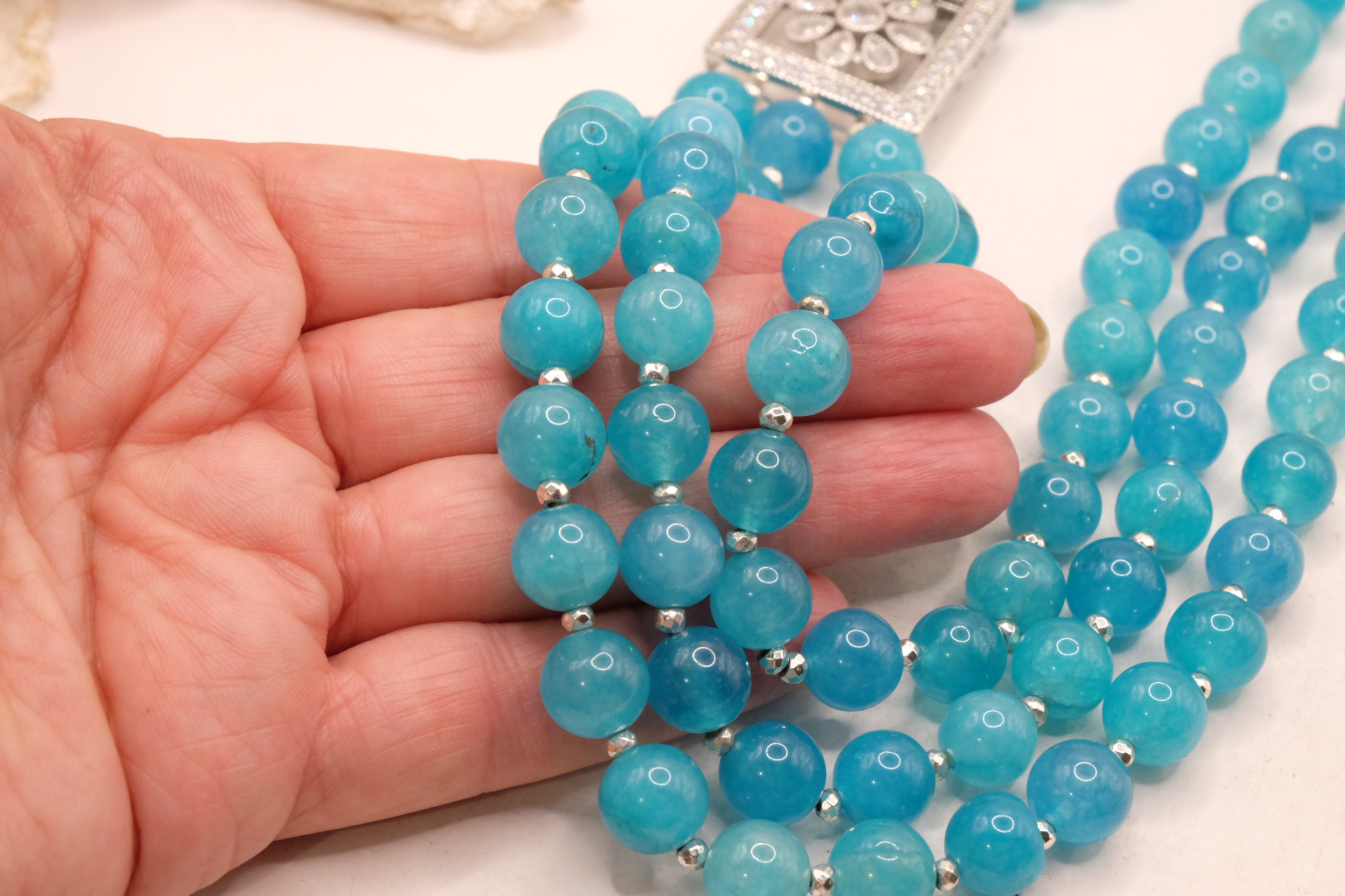 COLLANA APATITE MULTIFILO 3 FILI CHIUSURA ZIRCONATA ZIRCONI ACCIAIO (3)