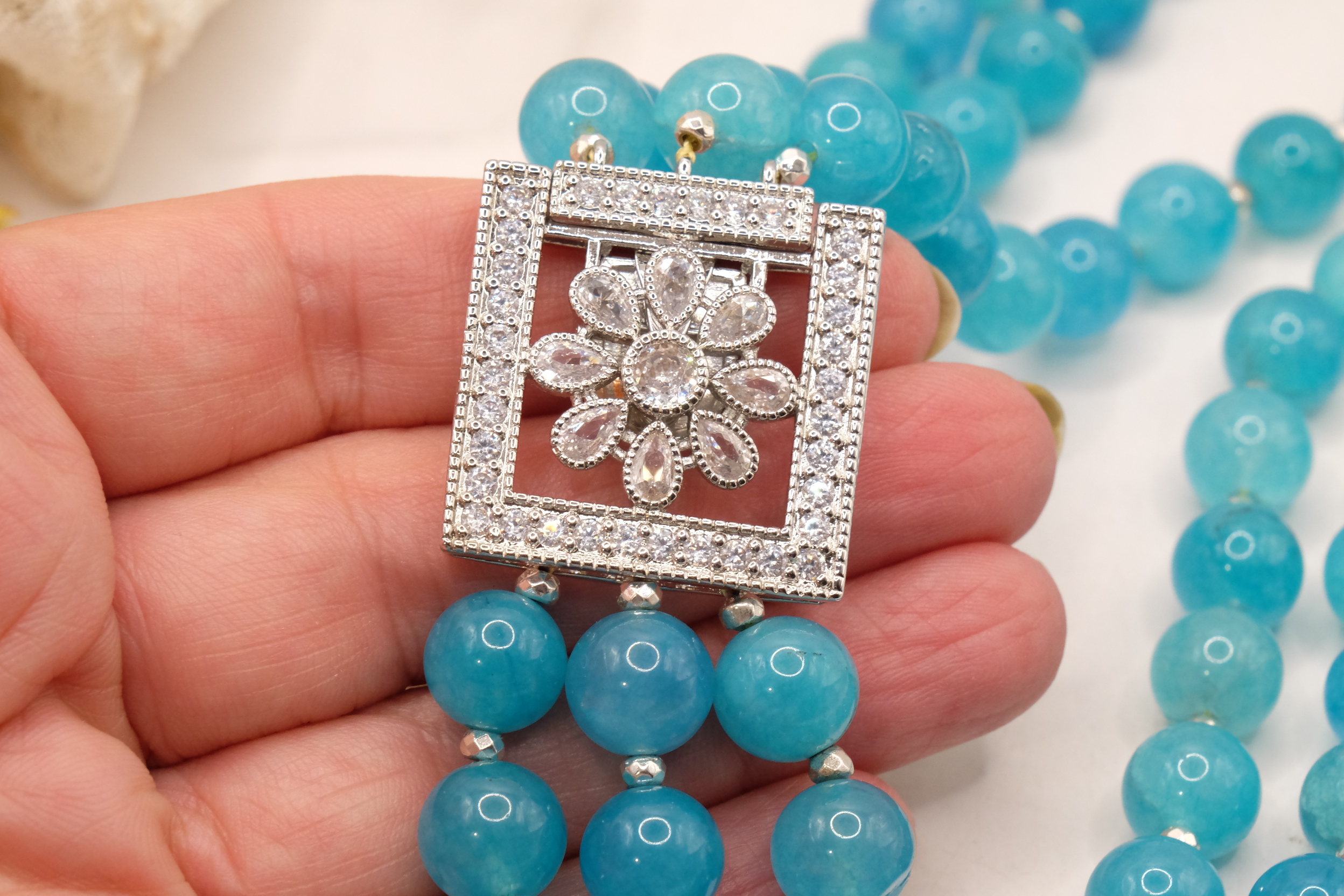 COLLANA APATITE MULTIFILO 3 FILI CHIUSURA ZIRCONATA ZIRCONI ACCIAIO (4)