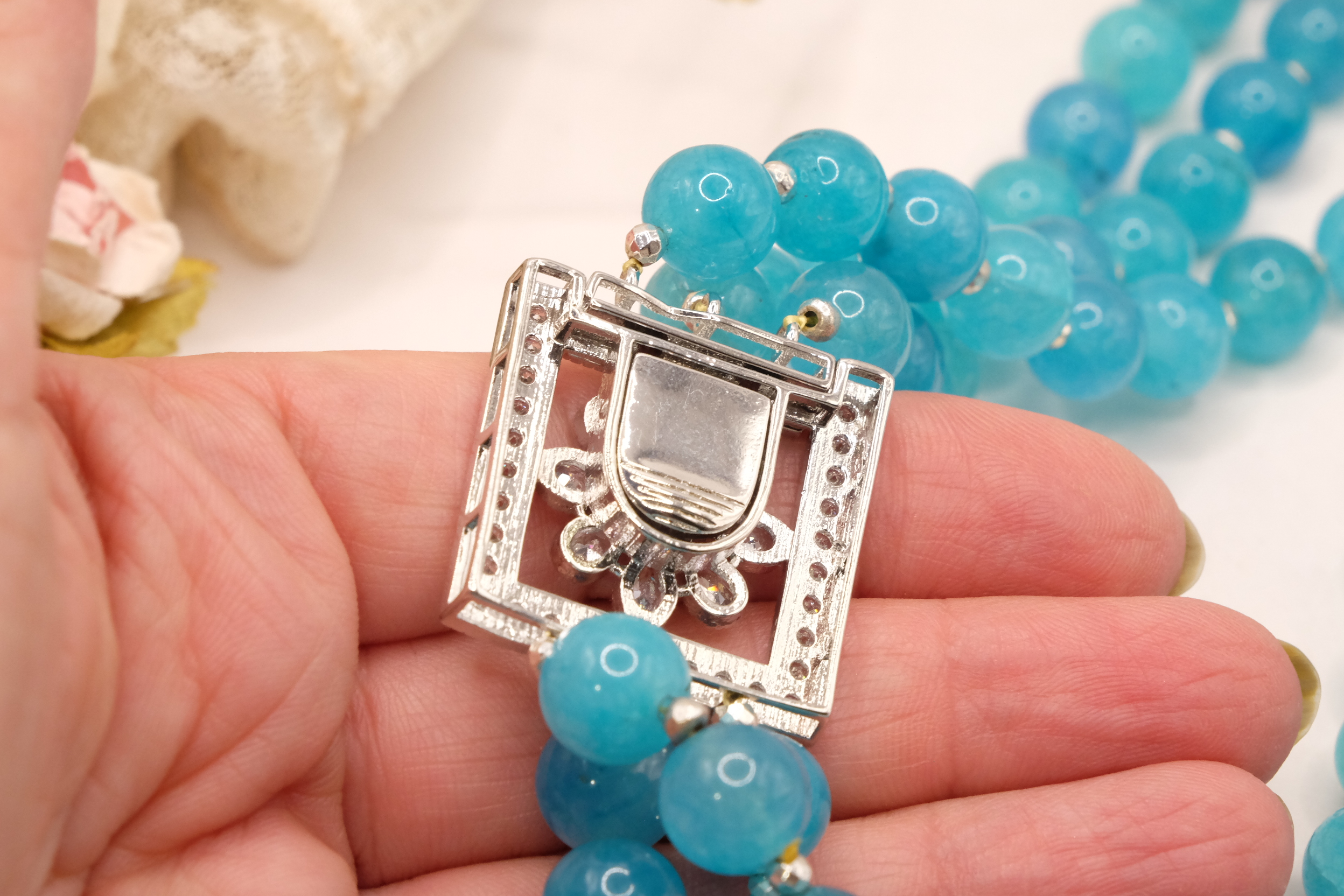 COLLANA APATITE MULTIFILO 3 FILI CHIUSURA ZIRCONATA ZIRCONI ACCIAIO (5)