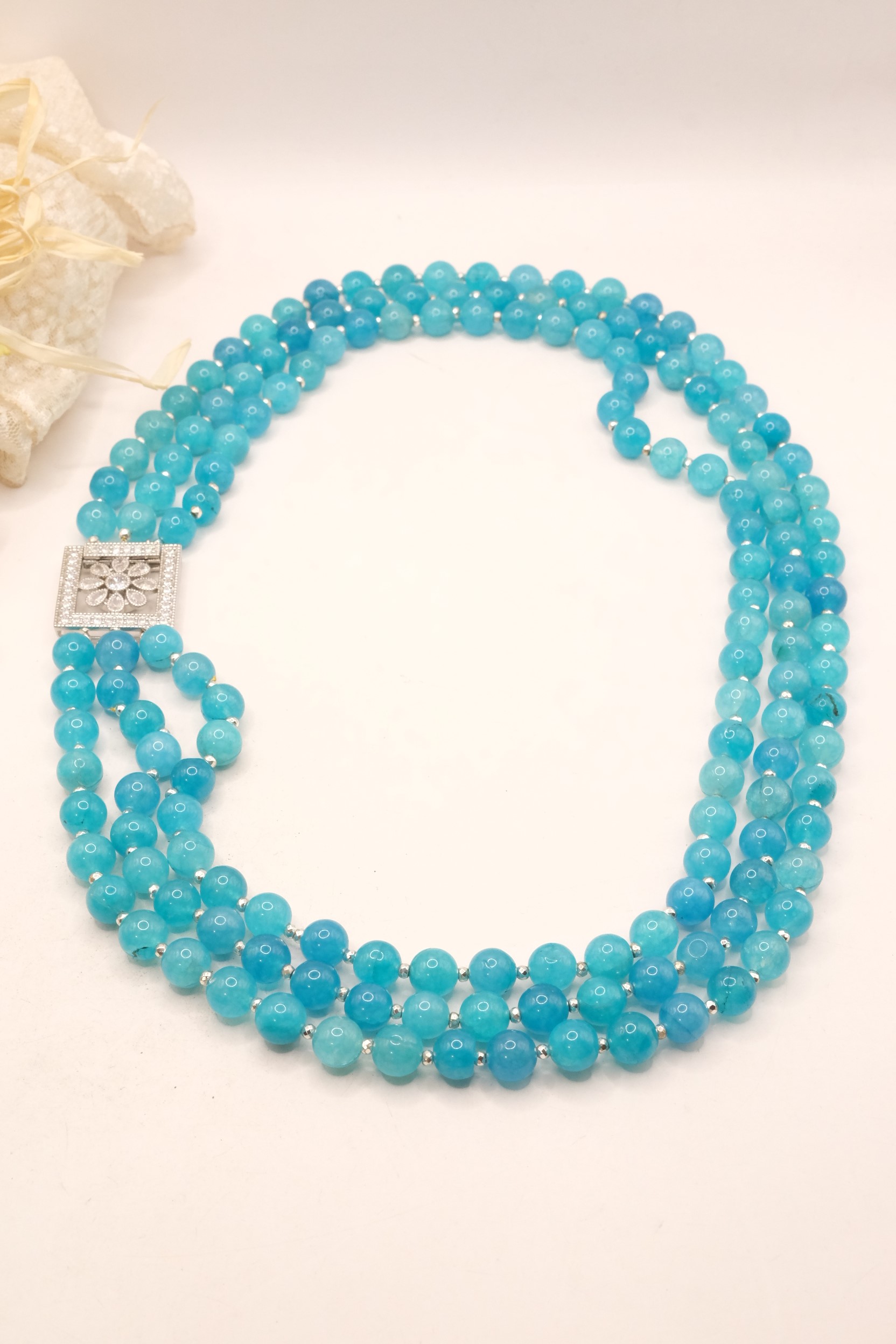COLLANA APATITE MULTIFILO 3 FILI CHIUSURA ZIRCONATA ZIRCONI ACCIAIO (6)