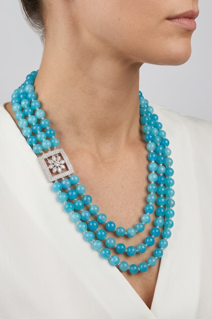 COLLANA APATITE MULTIFILO 3 FILI CHIUSURA ZIRCONATA ZIRCONI ACCIAIO
