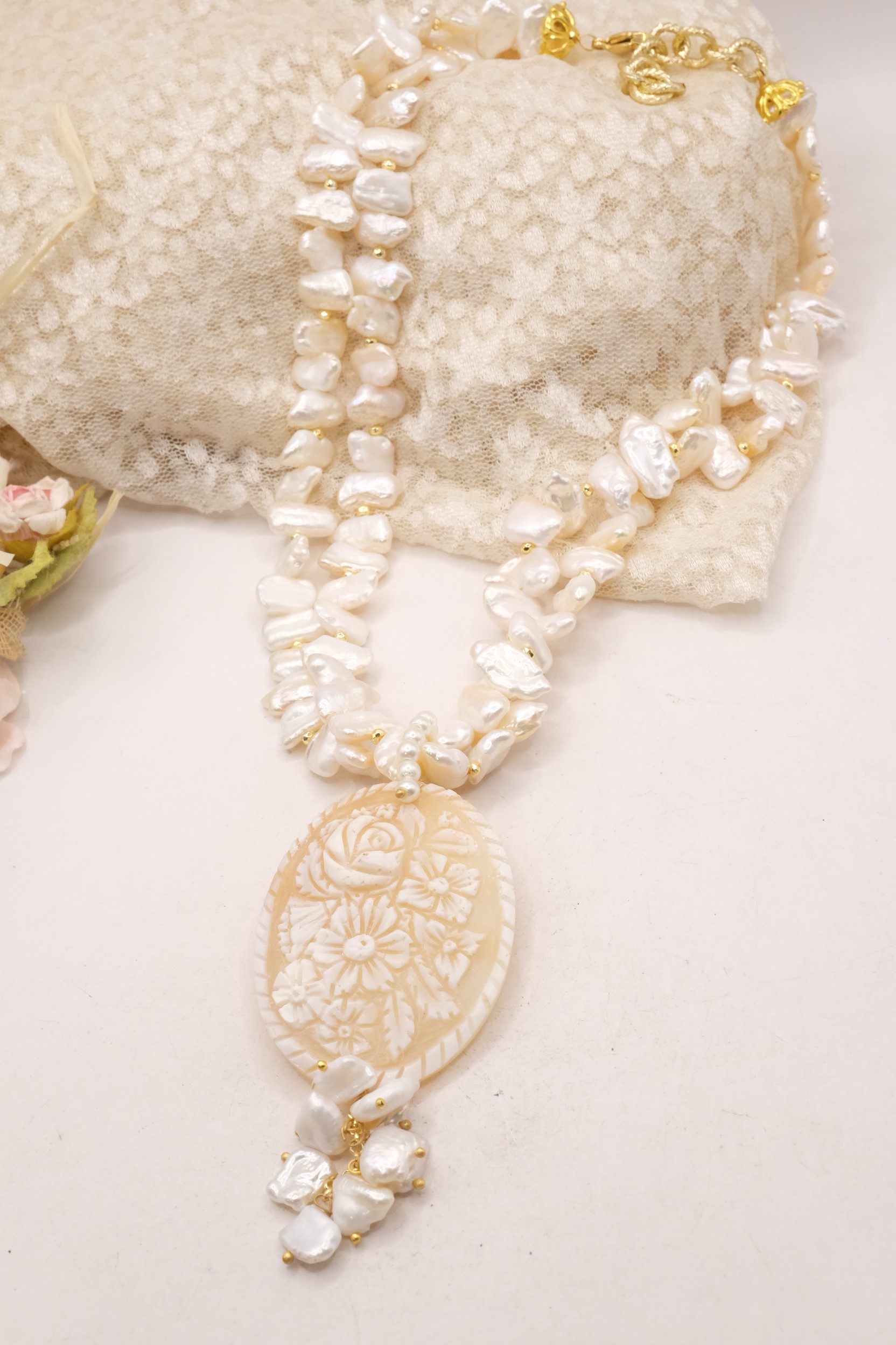 COLLANA ARTIGIANALE 2 FILI PERLE NATURALI KESHI CAMMEO DI TORRE DEL GRECO (3)