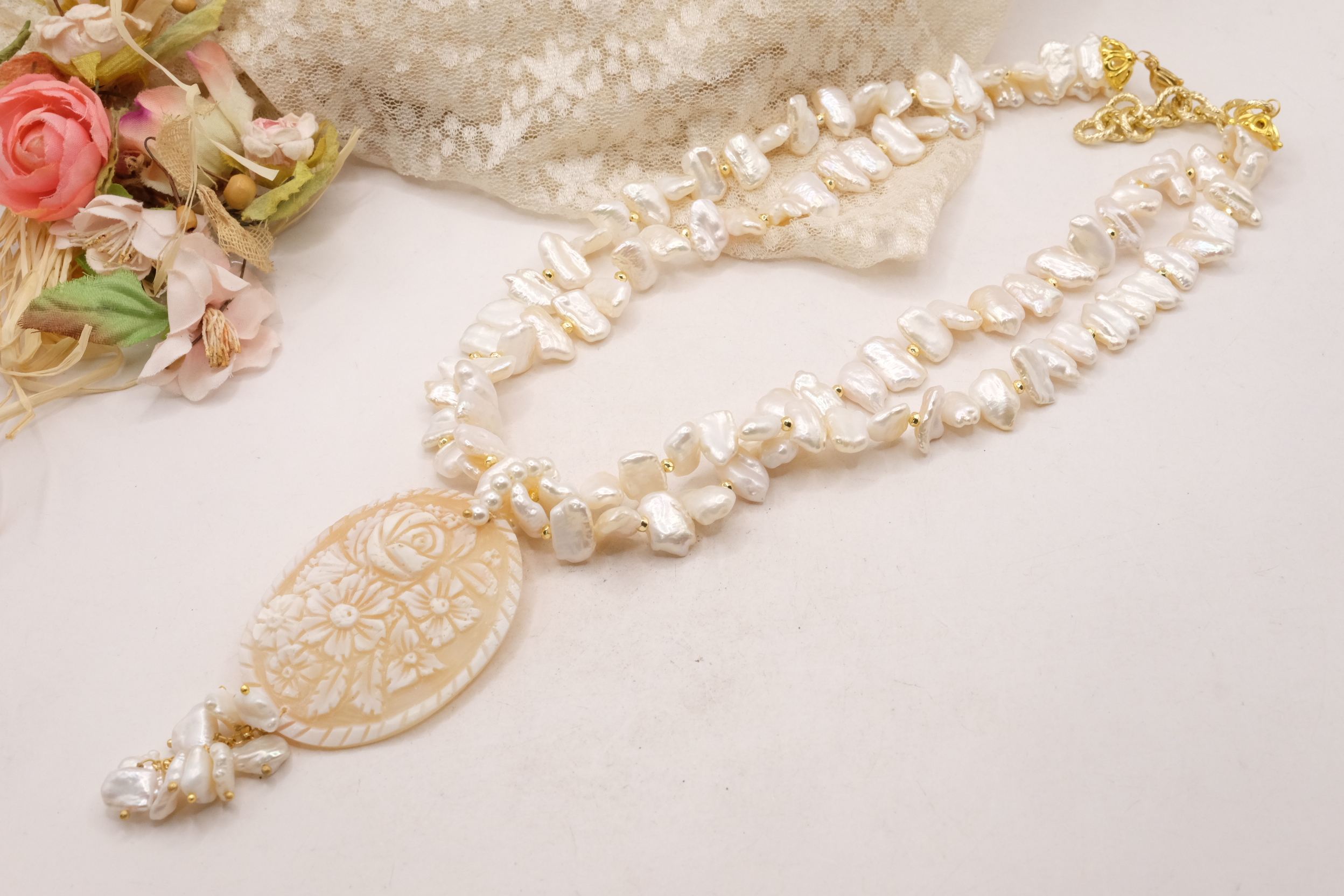 COLLANA ARTIGIANALE 2 FILI PERLE NATURALI KESHI CAMMEO DI TORRE DEL GRECO (8)