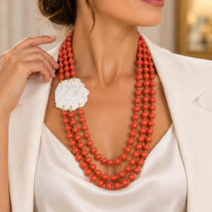 Collana 3 fili pasta di corallo rosso e cammeo